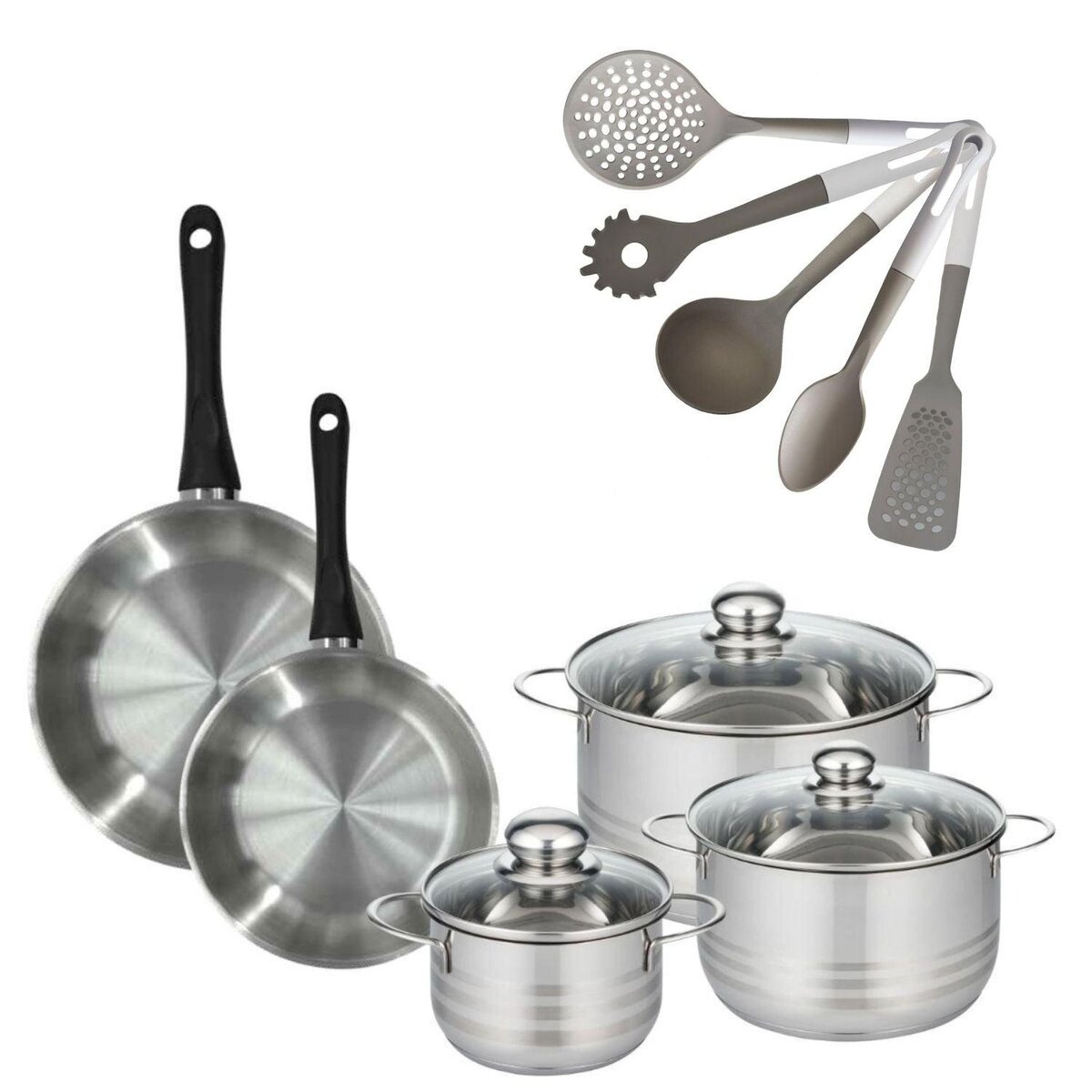 Fackelmann Lot Poêle 24/28 cm Fackelmann Geneva avec 3 Faitouts 16/20/24 cm et 5 ustensiles