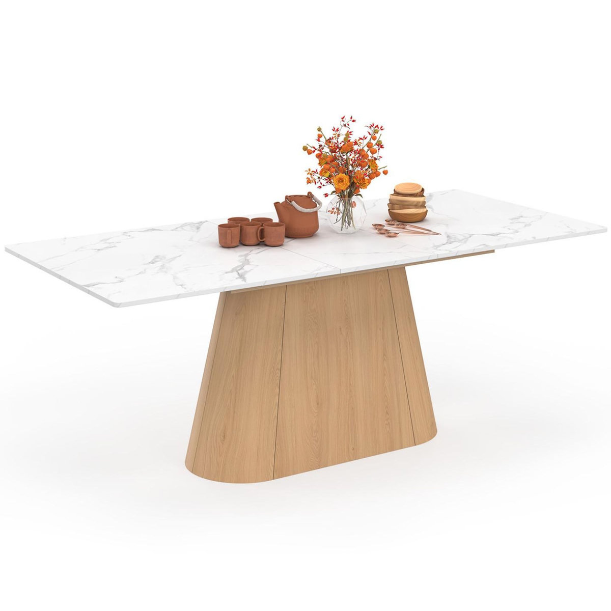 ID MARKET Table à manger extensible rectangle RHONDA 6-10 personnes plateau marbre blanc ALASKA et bois façon hêtre 160-200 cm