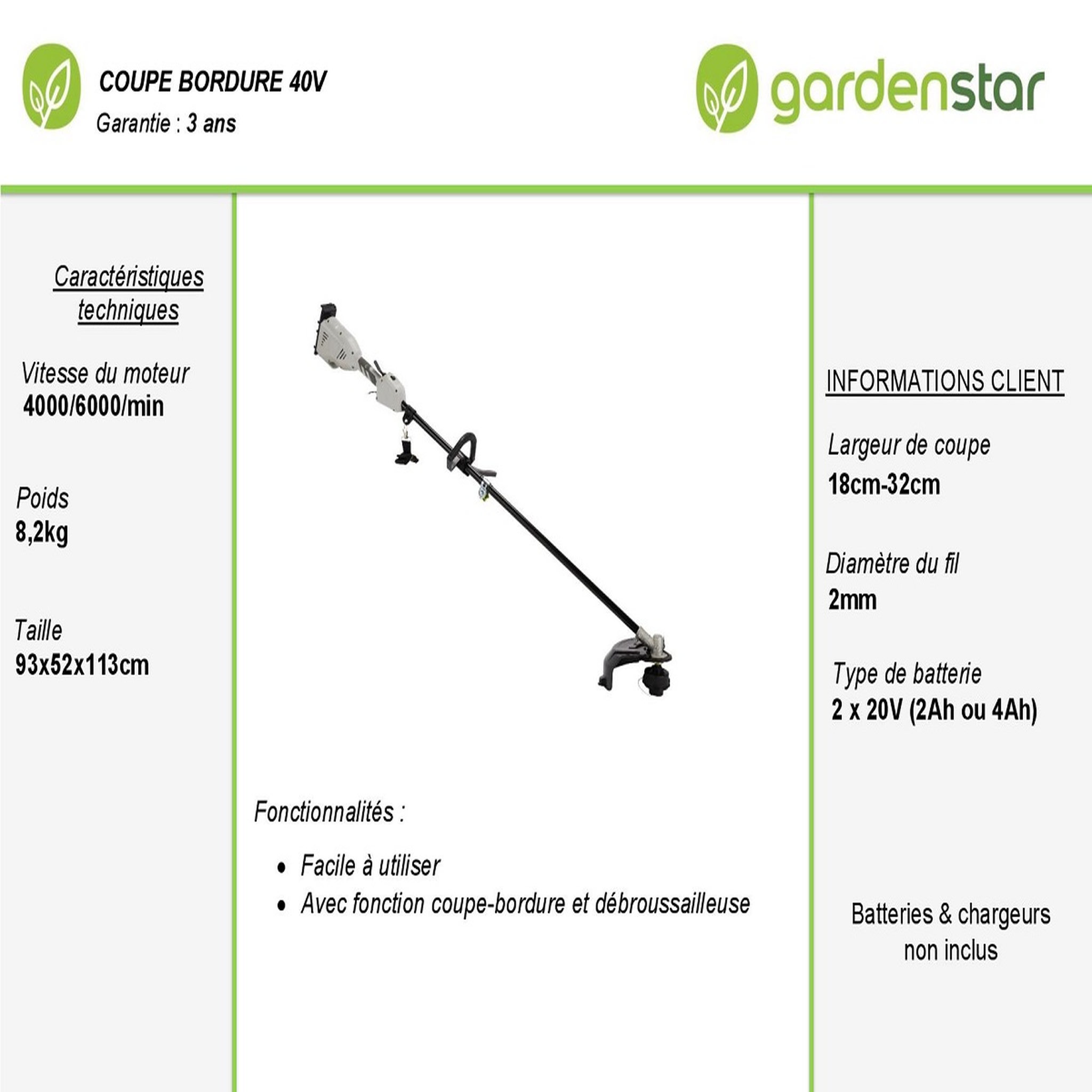 Voir la diapositive 3 : GARDENSTAR Coupe bordure sans fil sur batteries de 40 V