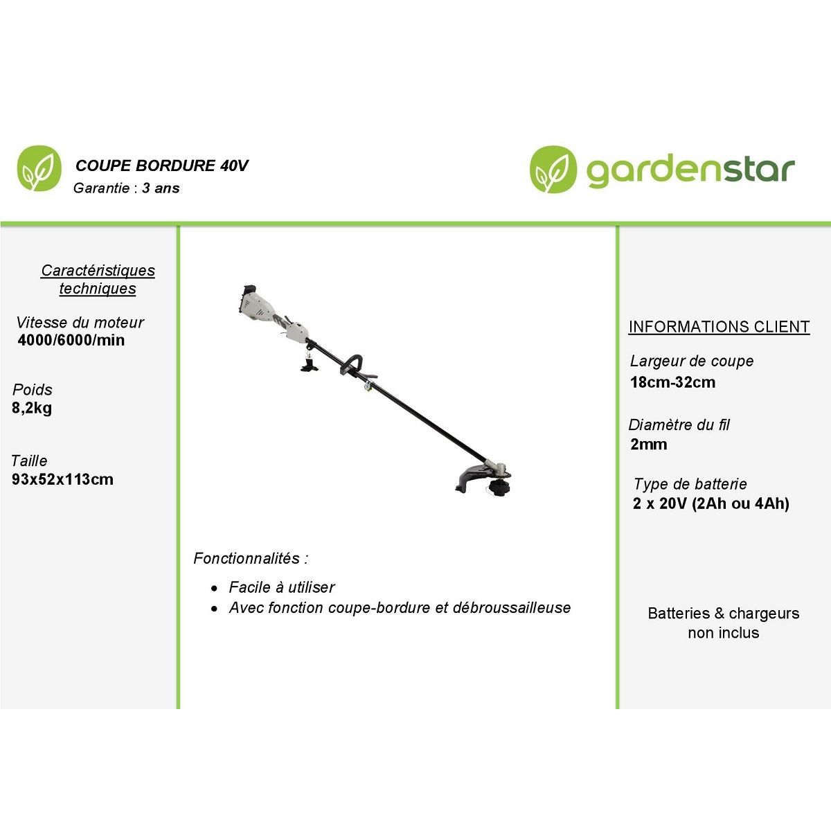 GARDENSTAR Coupe bordure sans fil sur batteries de 40 V