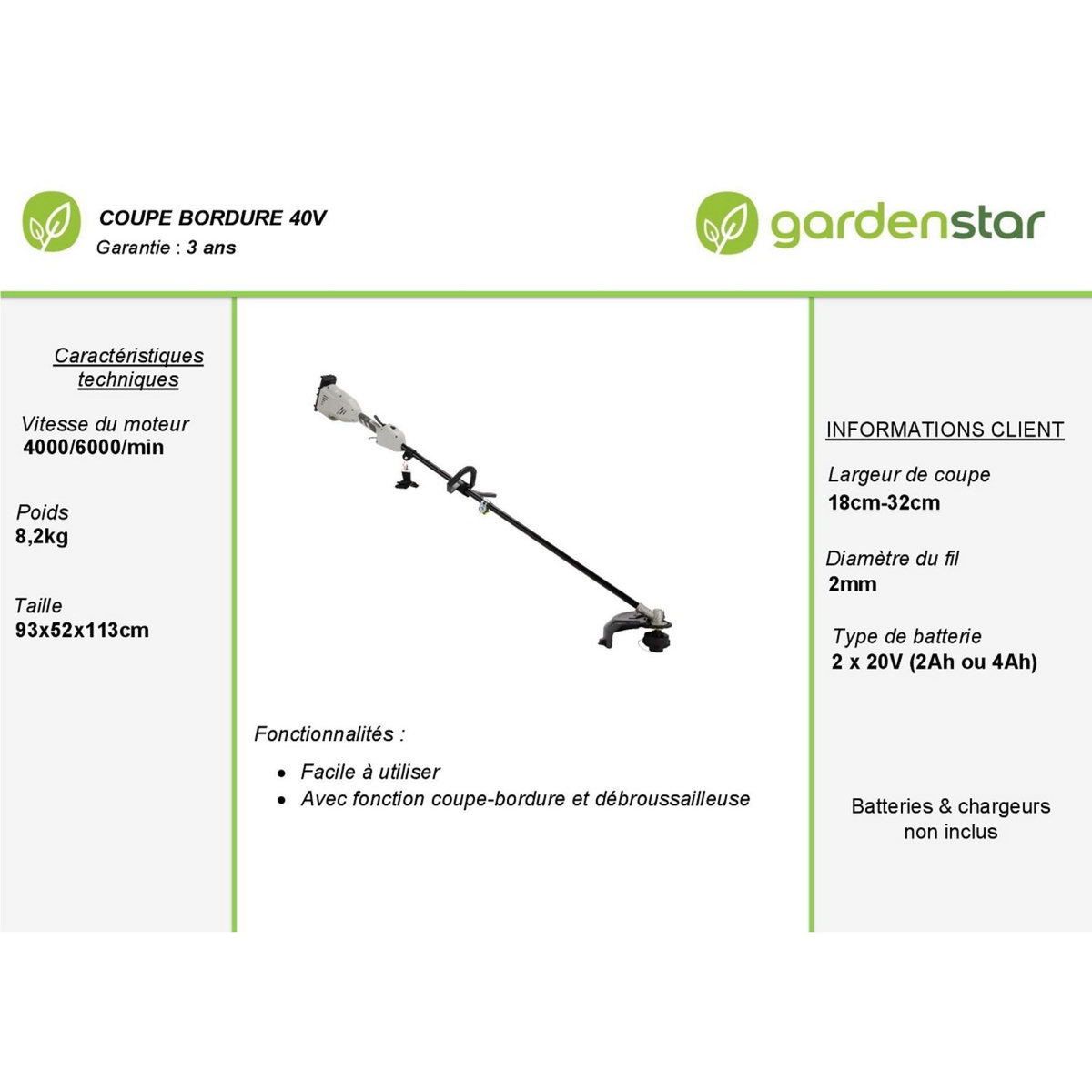 GARDENSTAR Coupe bordure sans fil sur batteries de 40 V