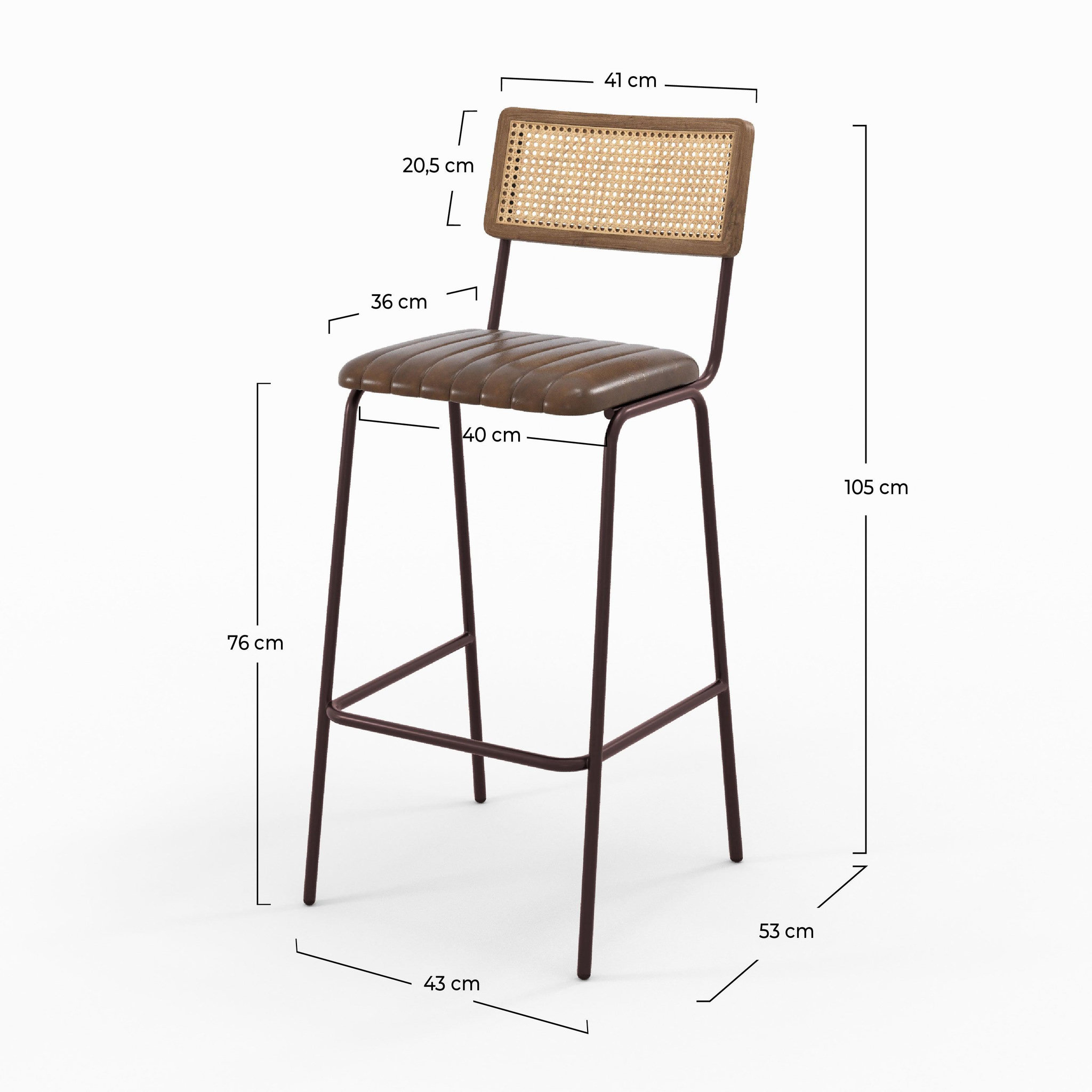 Voir la diapositive 4 : MAISON PAVANE Lot de 2 chaises de bar 76 cm en cannage et cuir marron-Arsène