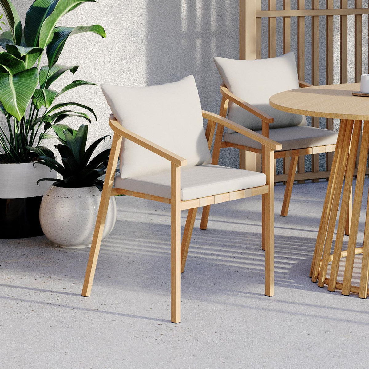 ID MARKET Lot de 4 chaises de jardin MALTA structure en métal effet bois, lanières et coussins beiges