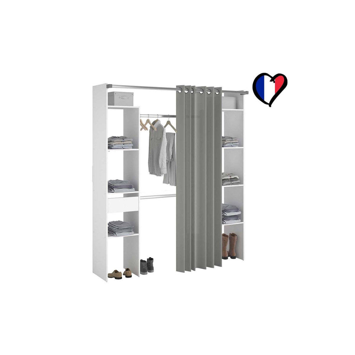 CONCEPT USINE Dressing blanc avec rideau : 2 penderies, 6 étagères et un tiroir ELYSEE