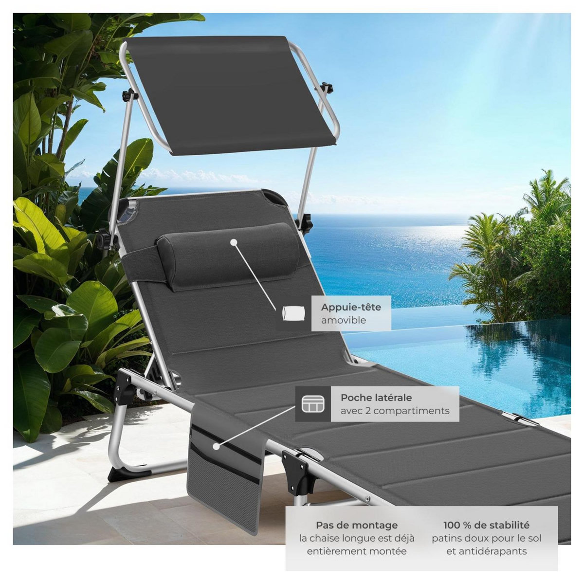 tectake Bain de soleil rembourré et pliable gris