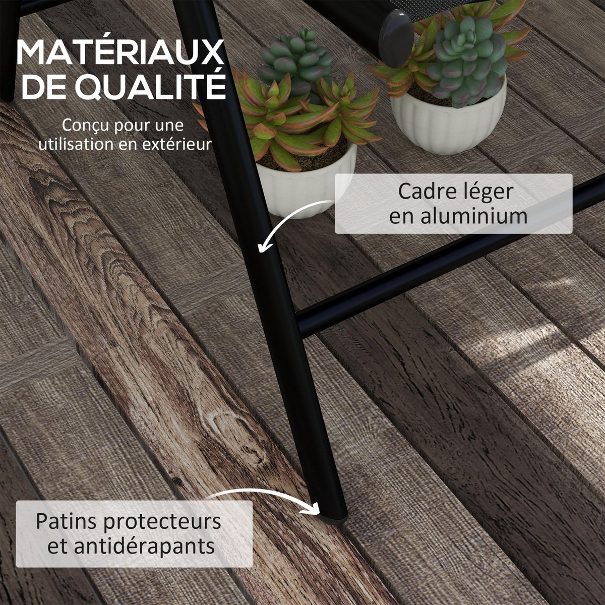 OUTSUNNY Lot de 2 chaises de jardin pliantes avec accoudoirs alu teslin rembourré déperlant noir