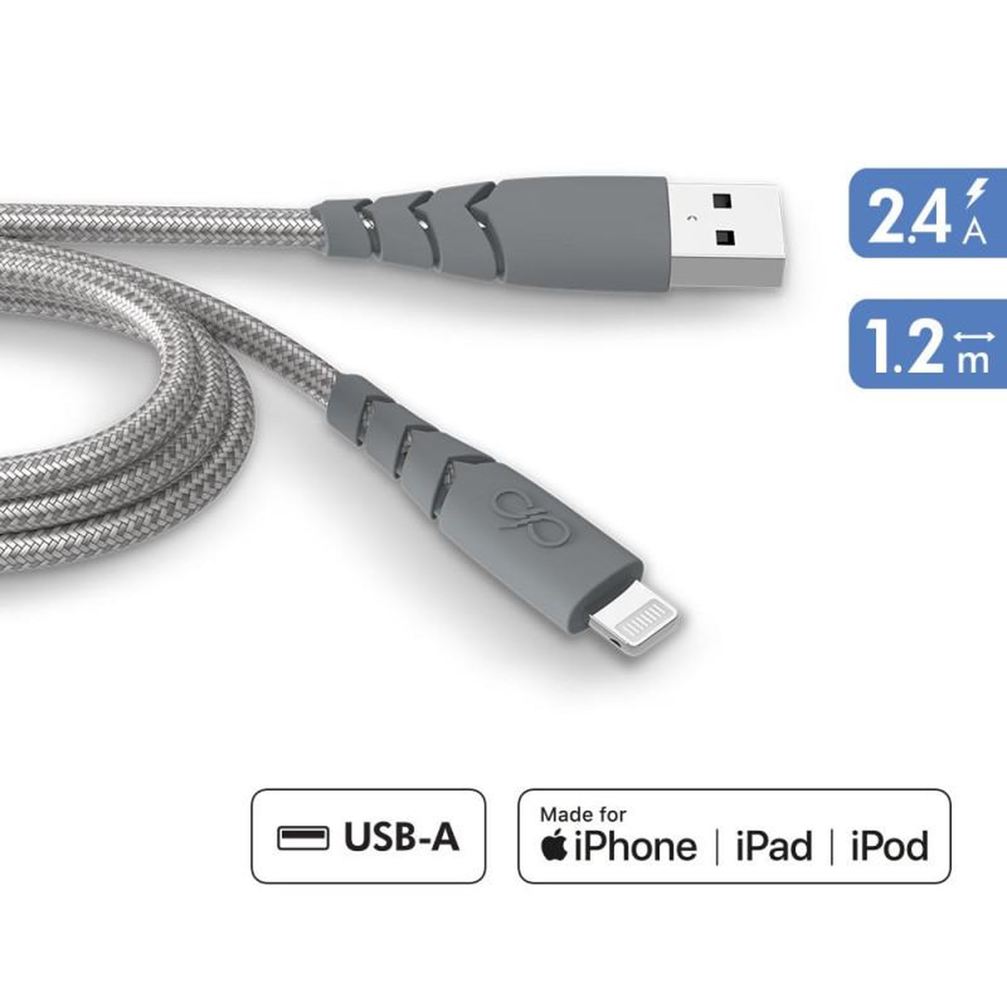 FORCE POWER Câble Force Power Ultra Renforcé USB A vers Lightning 1,2 m Gris
