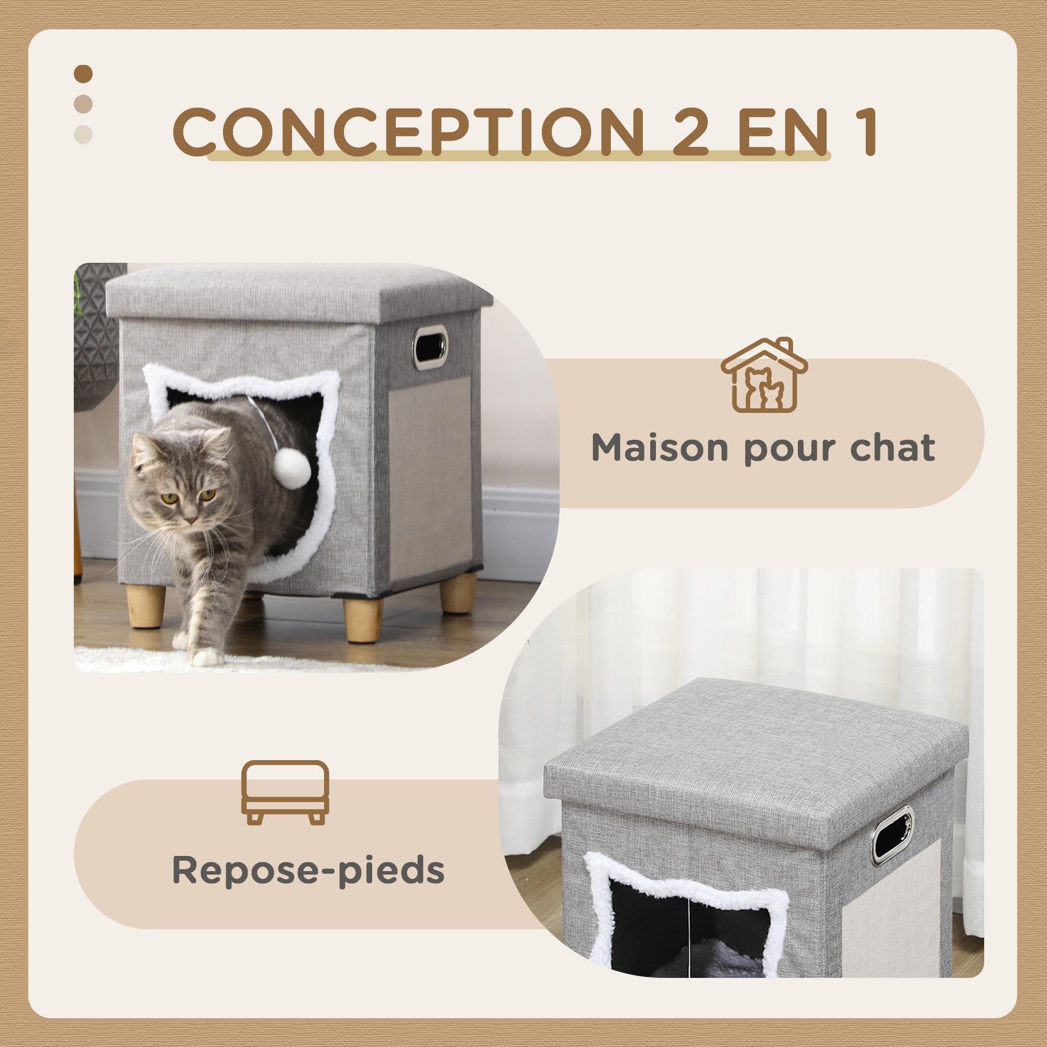 Voir la diapositive 4 : PAWHUT Niche chat grattoir pouf 3 en 1 design porte tête de chat - coussin bouclette amovible inclus - tissu gris