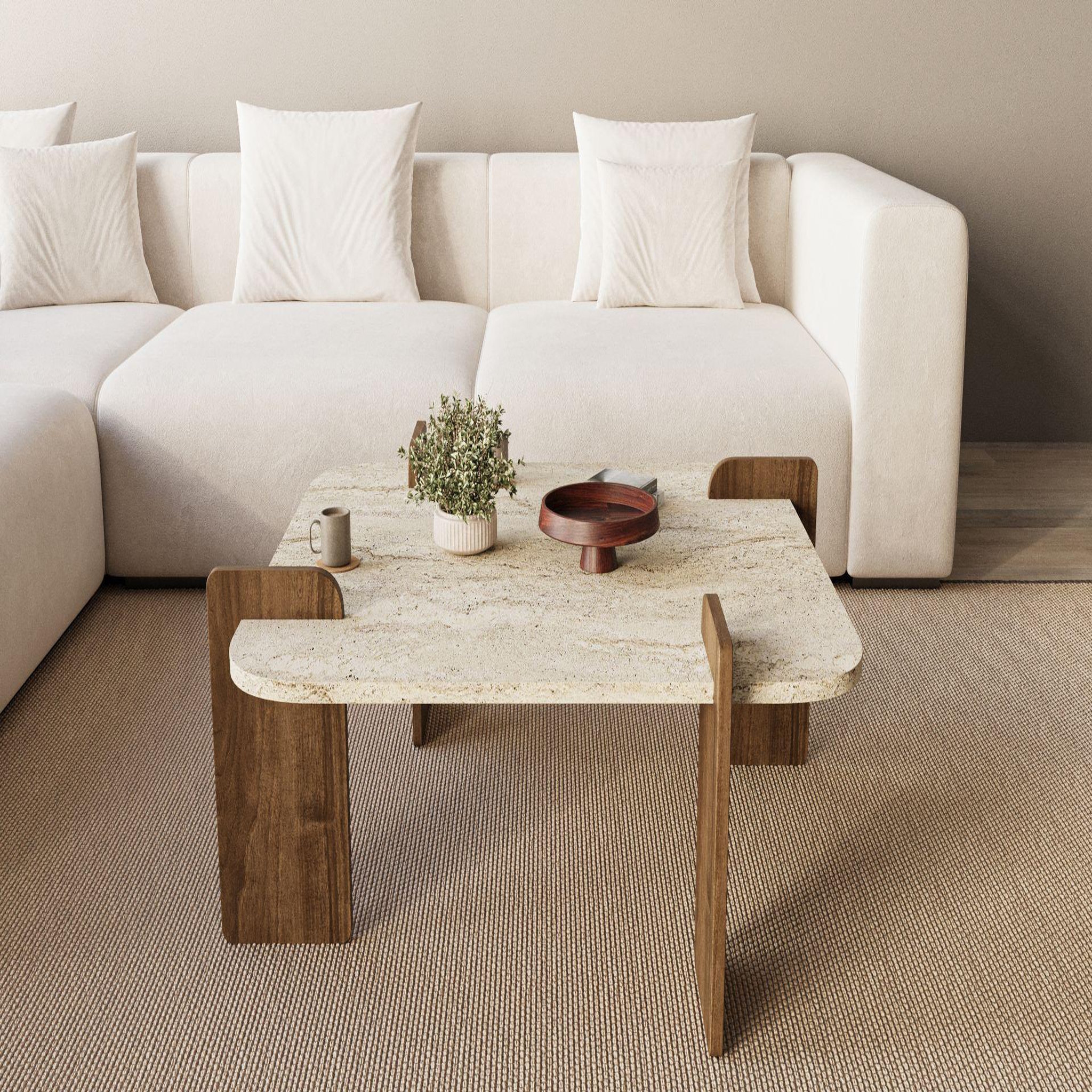 Voir la diapositive 3 : Habitat et Jardin Table basse en bois  afrolli  - 90 x 90 x 35 cm - travertin