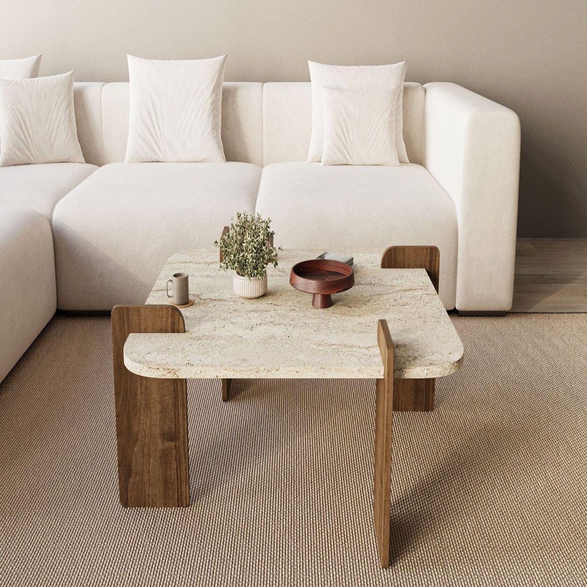 Habitat et Jardin Table basse en bois  Afrolli  - 90 x 90 x 35 cm - Travertin