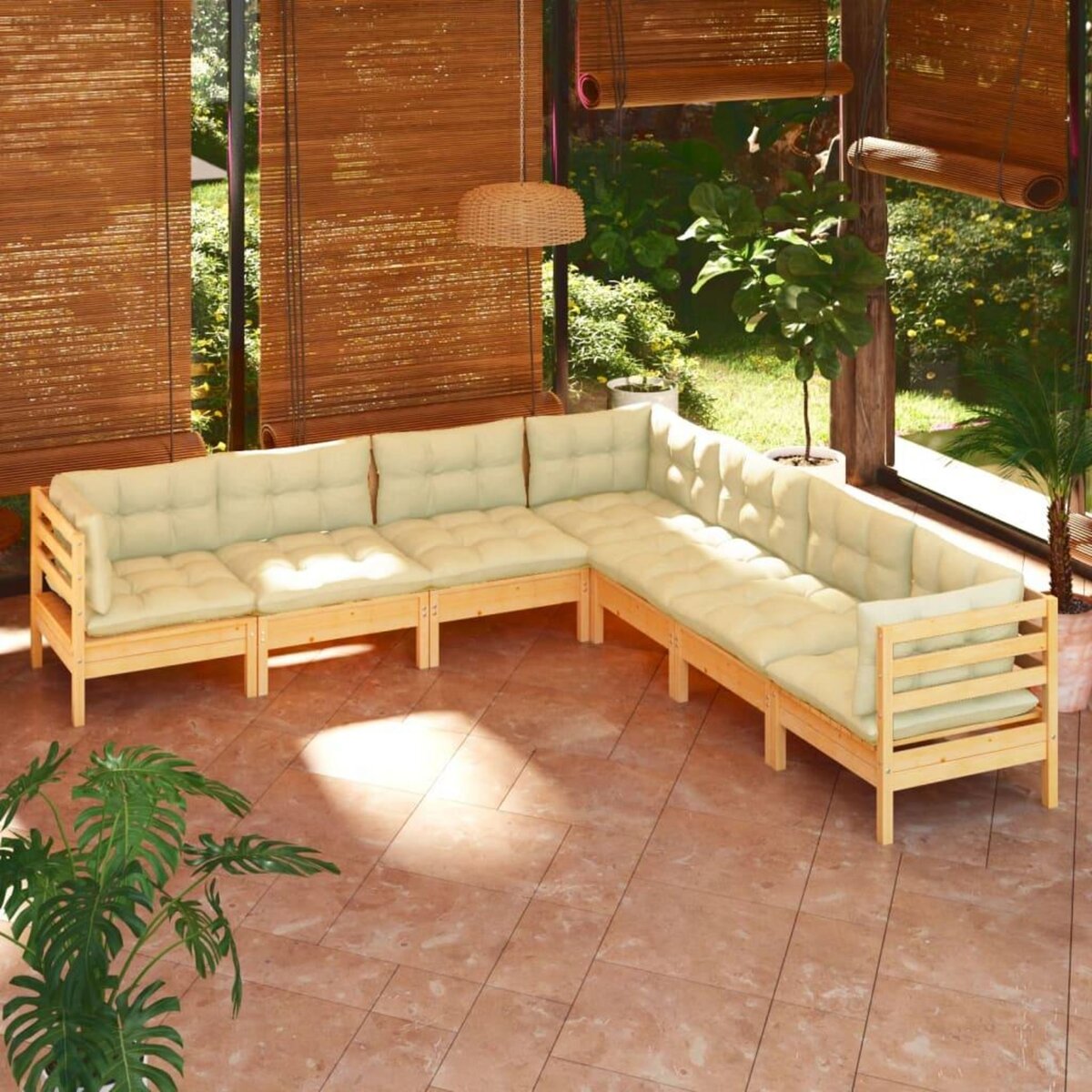 VIDAXL Salon de jardin 7 pcs avec coussins creme Bois de pin solide