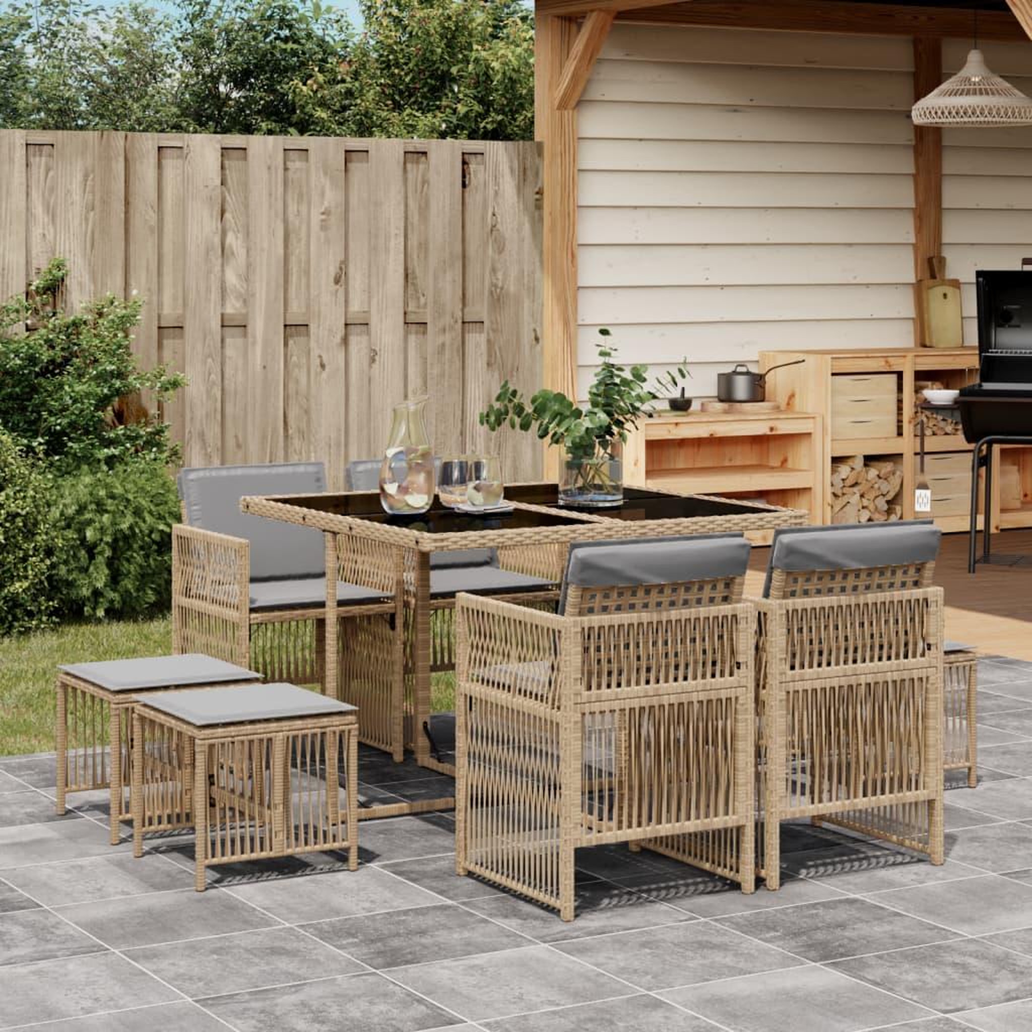 VIDAXL Ensemble a manger de jardin et coussins 9 pcs melange beige