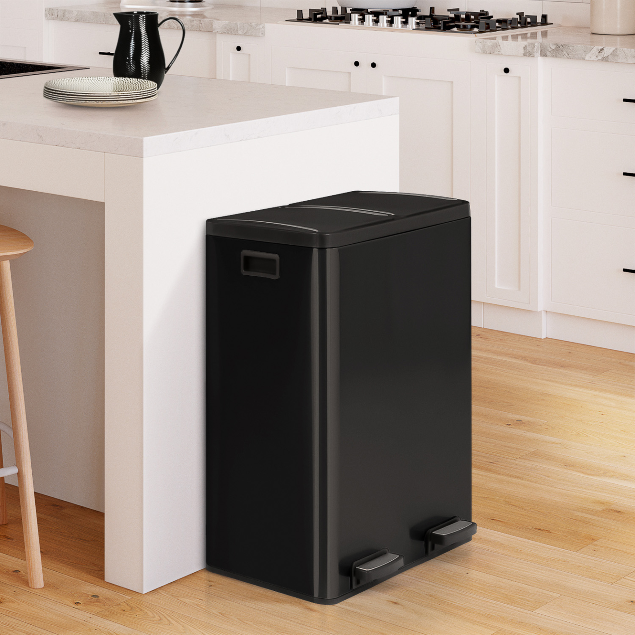 Voir la diapositive 2 : ID MARKET Poubelle de cuisine tri sélectif 2 x 30l noir 2 seaux amovibles et pédales en métal