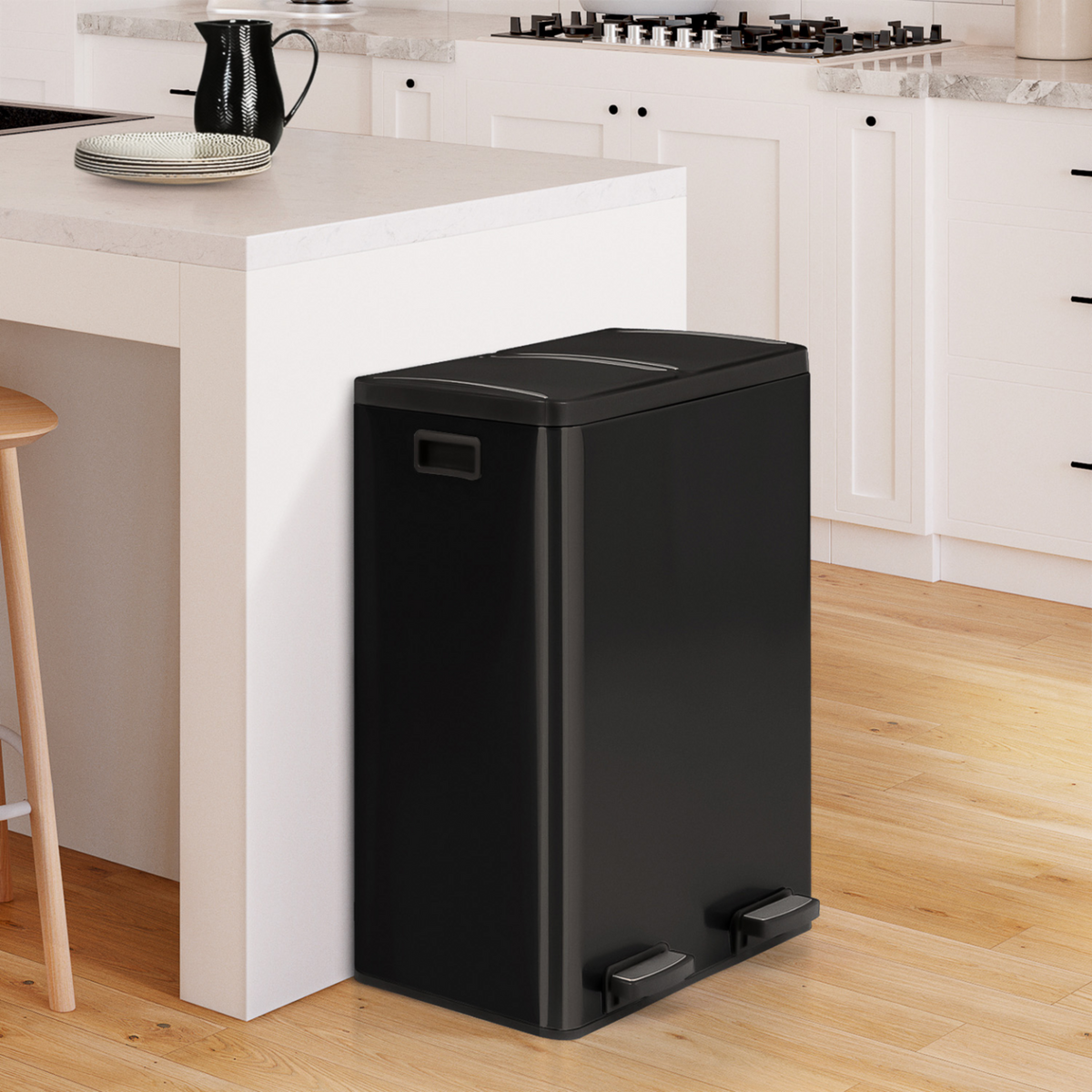 ID MARKET Poubelle de cuisine tri sélectif 2 x 30L noir 2 seaux amovibles et pédales en métal