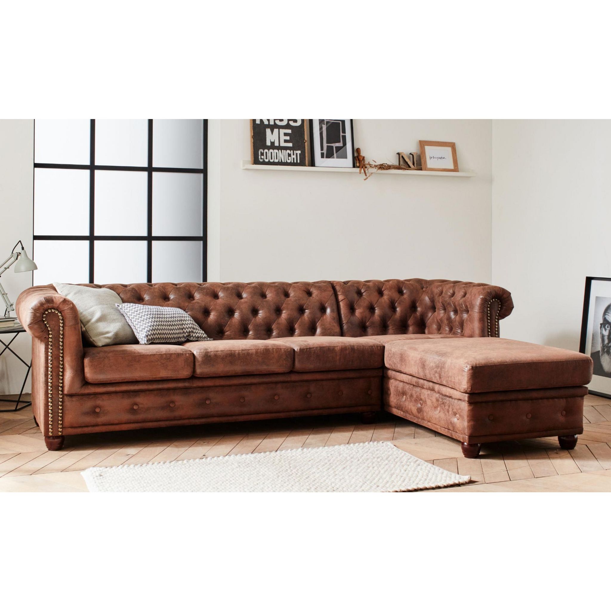 LISA DESIGN Winston - canapé d'angle chesterfield - 4 places - style industriel - droit. Coloris disponibles : Marron