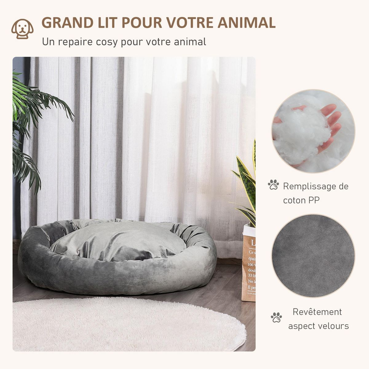 PAWHUT PawHut Lit pour chien chat panier pour chien orthopédique rembourrage coton PP housse lavable amovible gris
