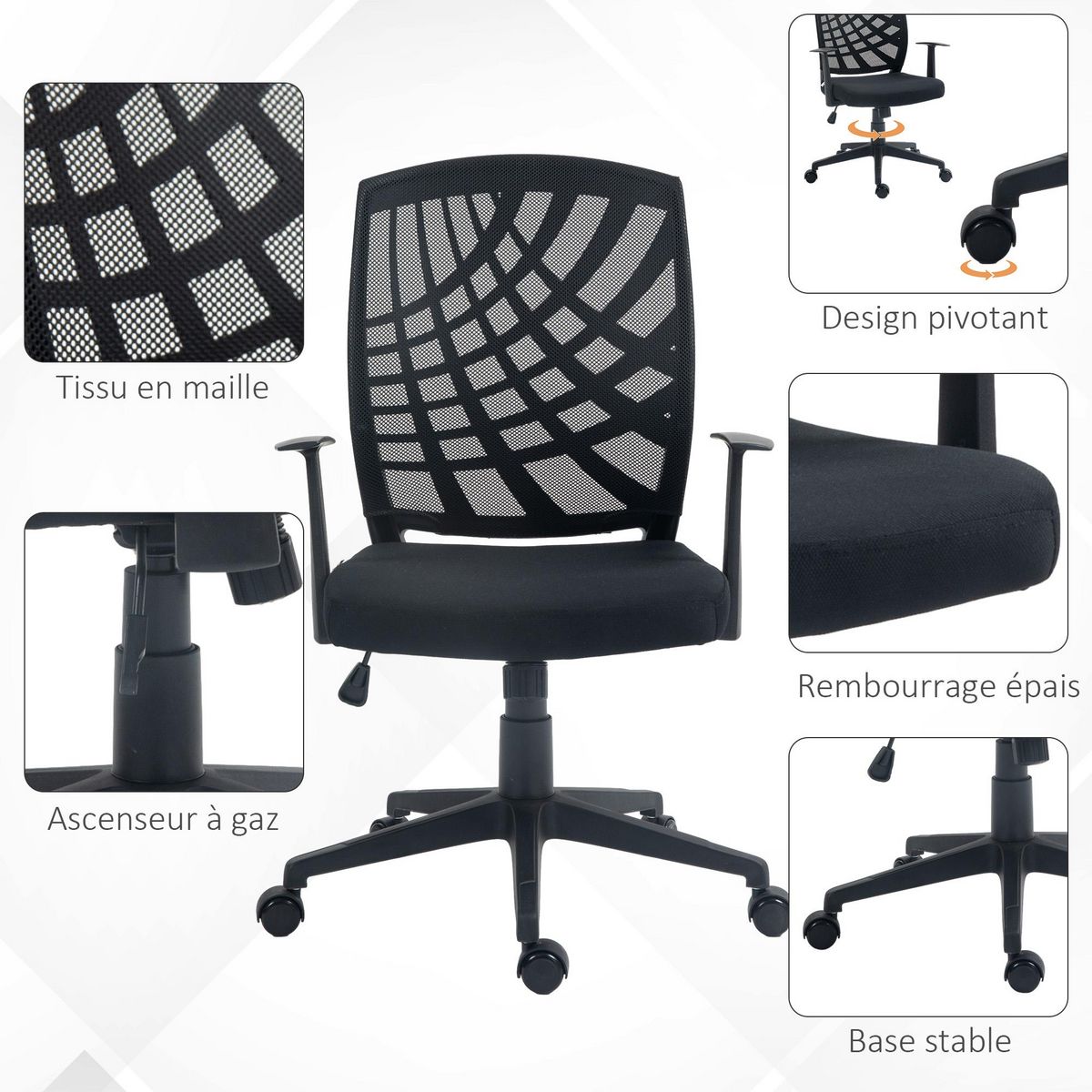 HOMCOM Chaise de bureau design ergonomique réglable accoudoirs maille noir