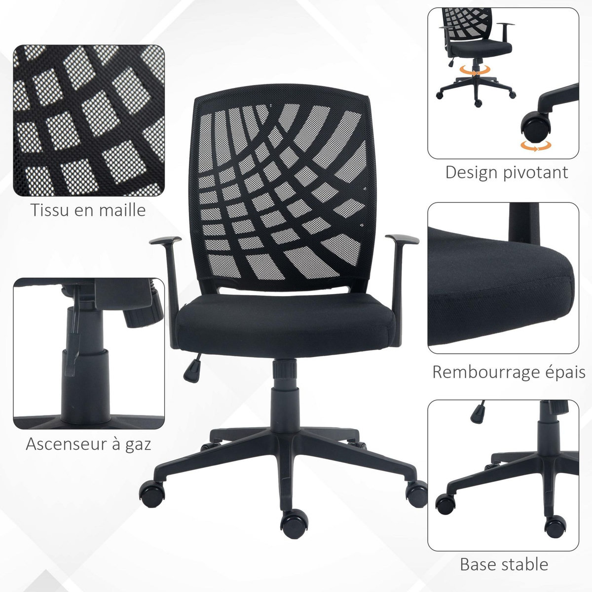 HOMCOM Chaise de bureau design ergonomique réglable accoudoirs maille noir