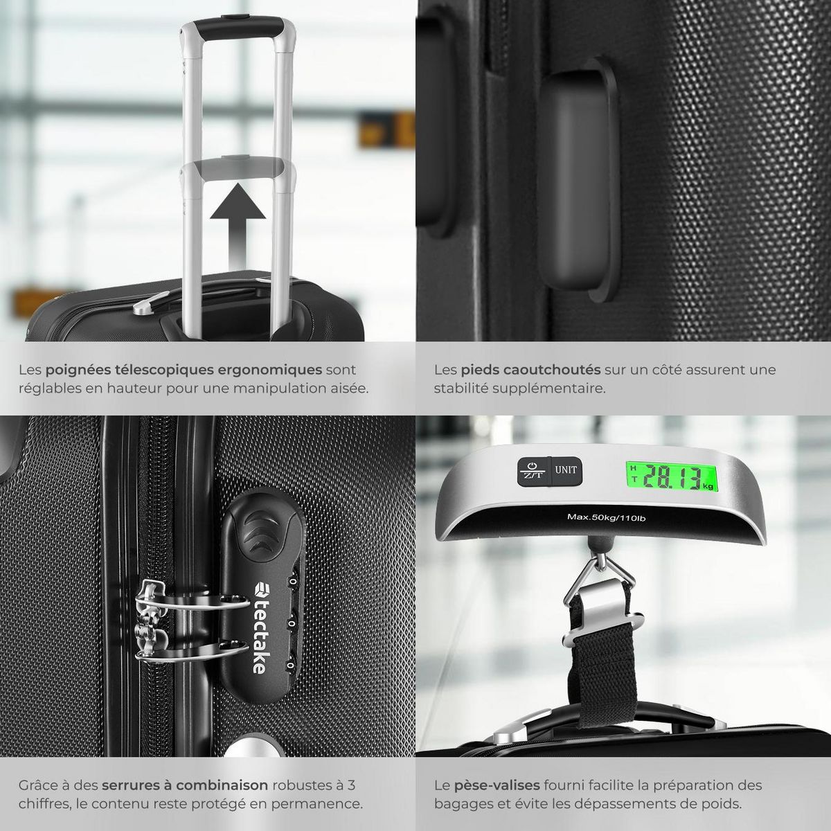 tectake Ensemble de 3 valises 3 pièces en ABS robuste, balance à bagages et étiquette noir