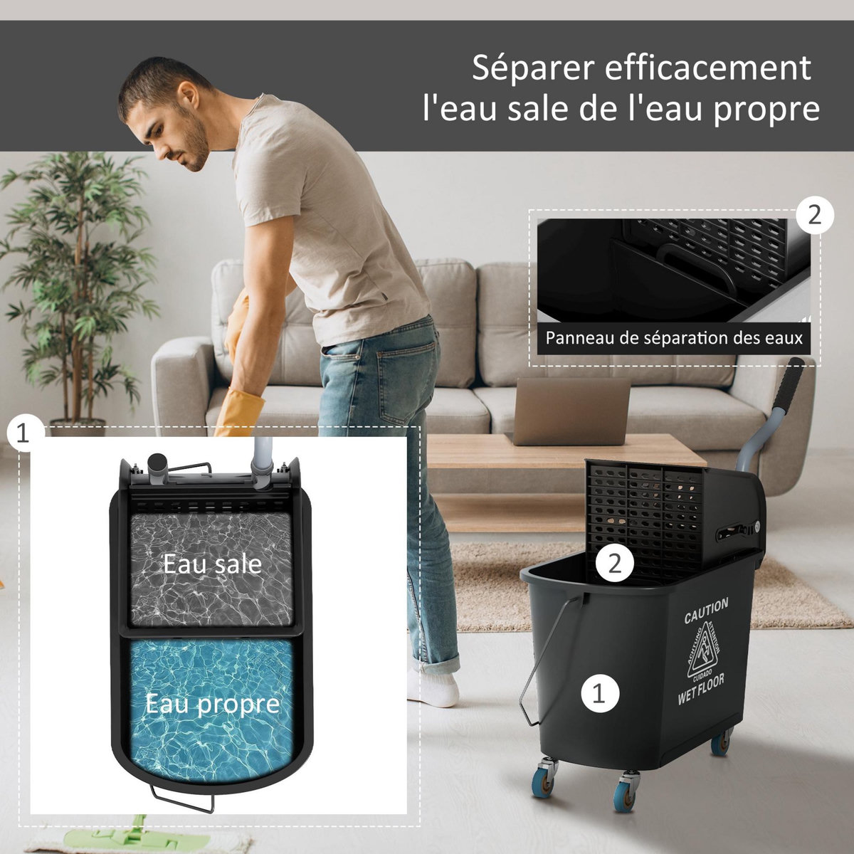 HOMCOM Chariot de nettoyage lavage seau de ménage 20 L avec essoreur et séparateur eau sale propre noir