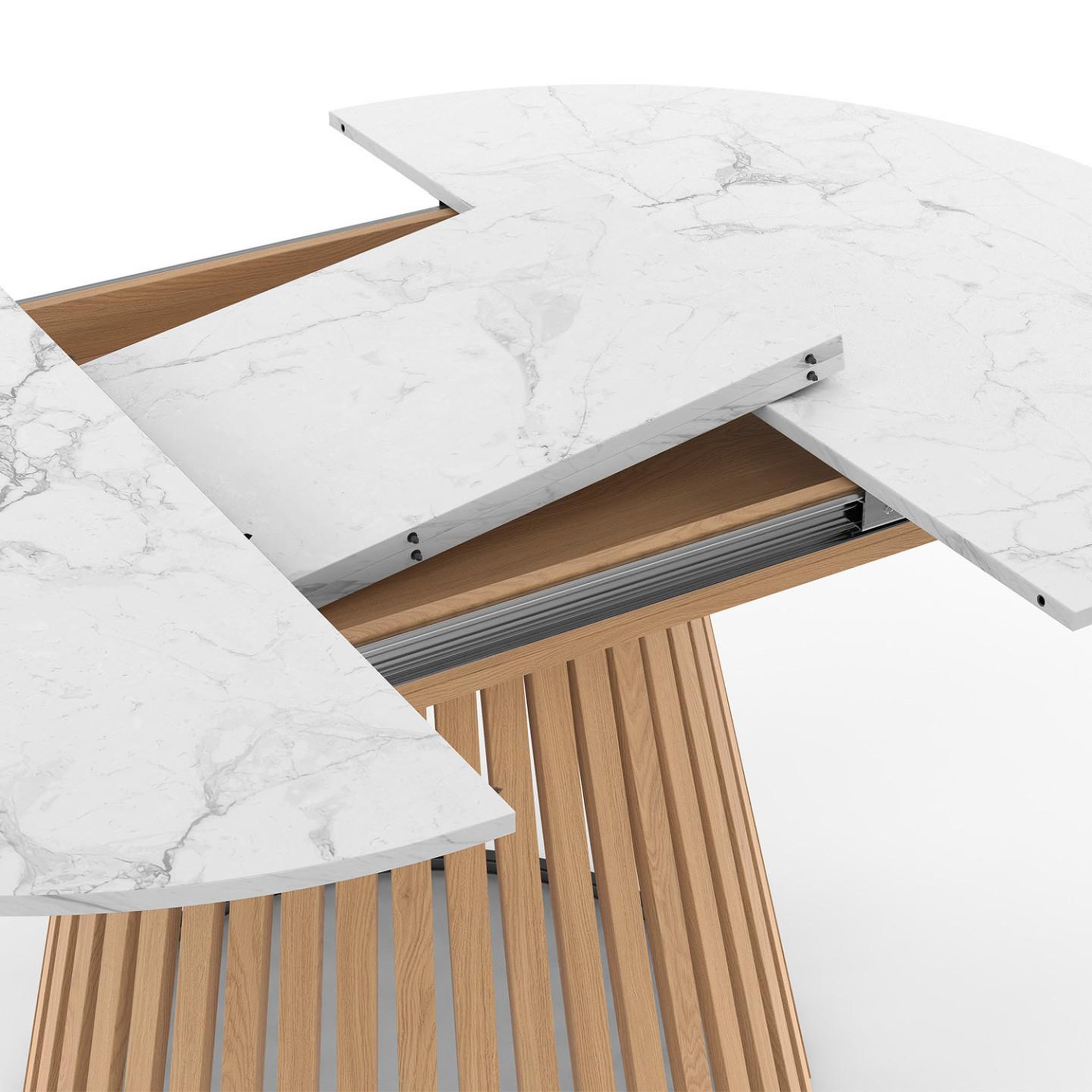 Voir la diapositive 6 : ID MARKET Table à manger extensible ronde carmen 4-8 personnes pied bois en lattes et plateau marbre blanc alaska 110 - 150 cm