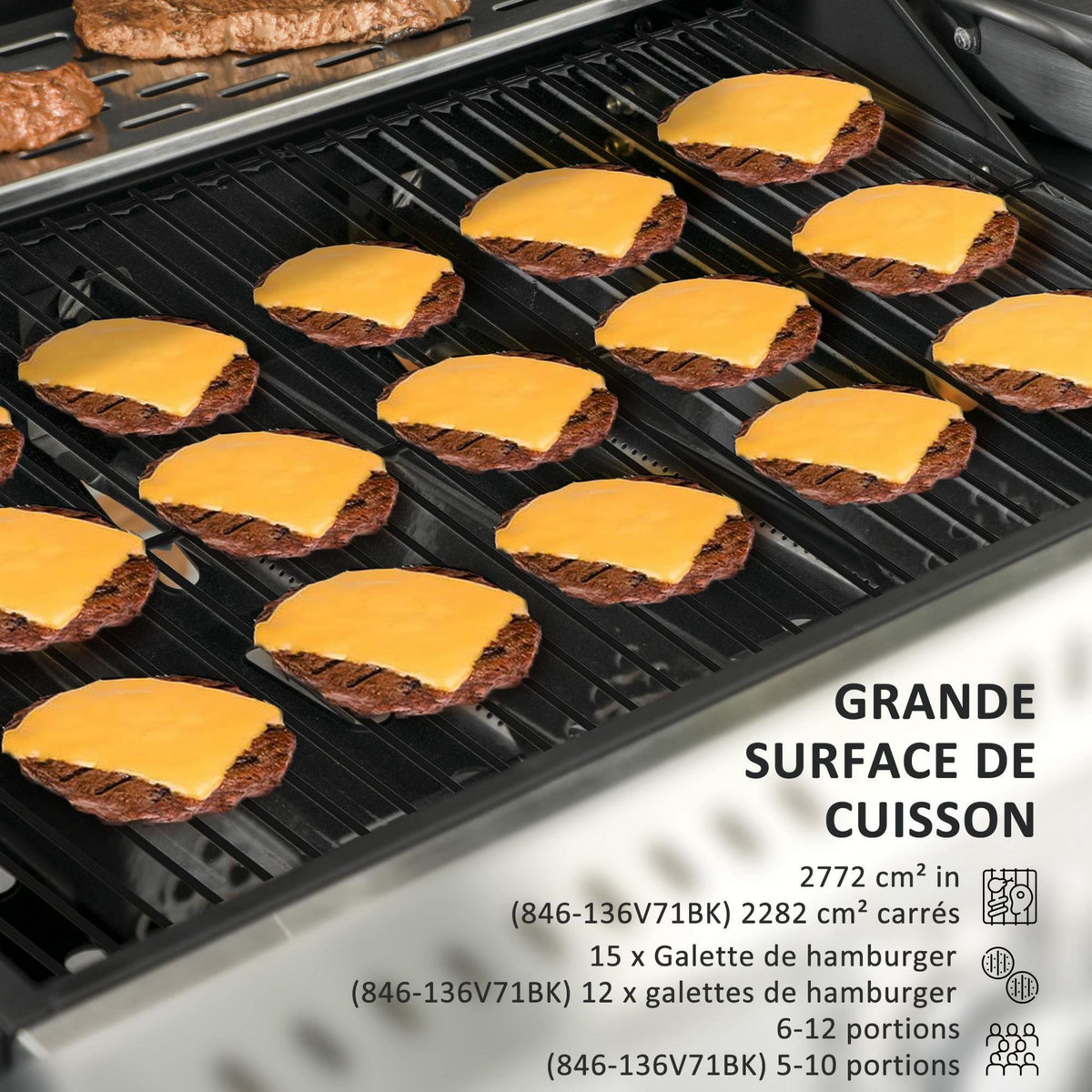 OUTSUNNY Barbecue à gaz 4+1 - 12,5 kW - 2 roues, étagères, thermomètre, décapsuleur, crochets - acier inox noir