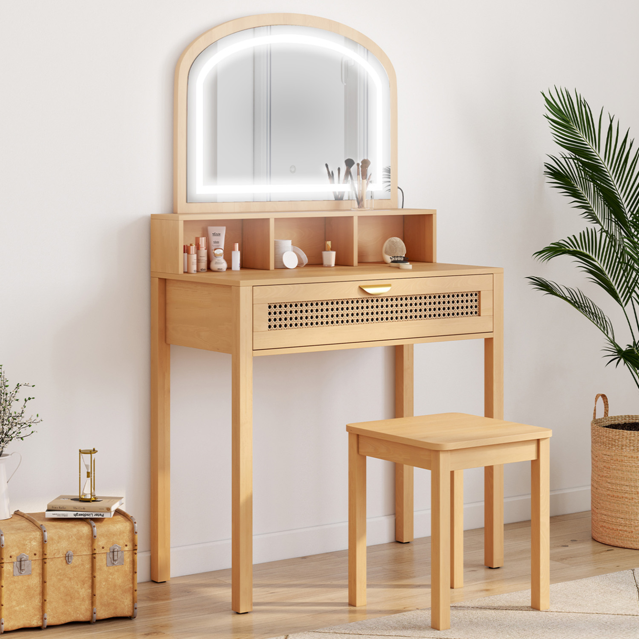Voir la diapositive 2 : ID MARKET Coiffeuse edhen avec miroir led, 1 tiroir, 3 niches et tabouret effet cannage naturel et bois