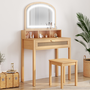 Voir la diapositive 2 : ID MARKET Coiffeuse EDHEN avec miroir LED, 1 tiroir, 3 niches et tabouret effet cannage naturel et bois
