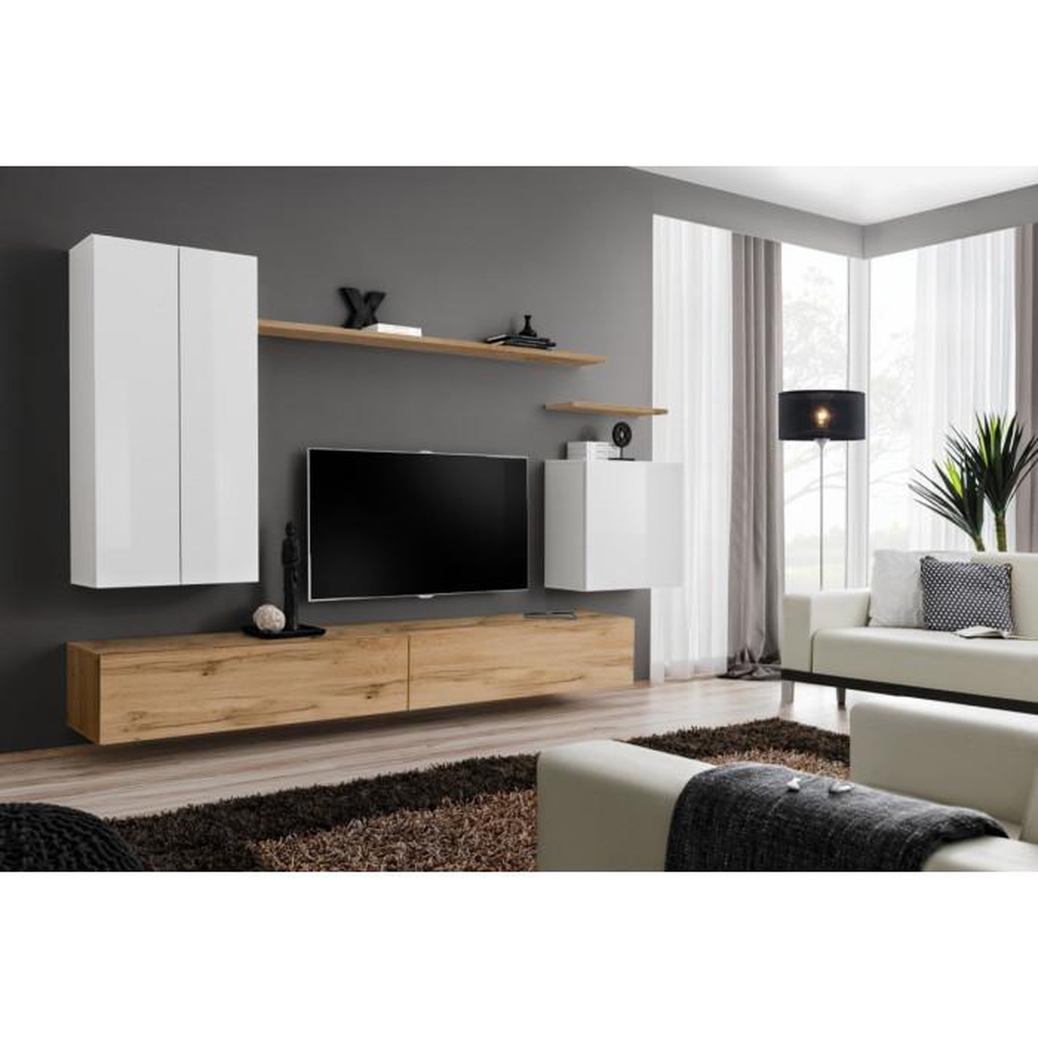 Voir la diapositive 2 : Paris Prix Meuble TV Mural Design  Switch II  270cm Blanc & Naturel