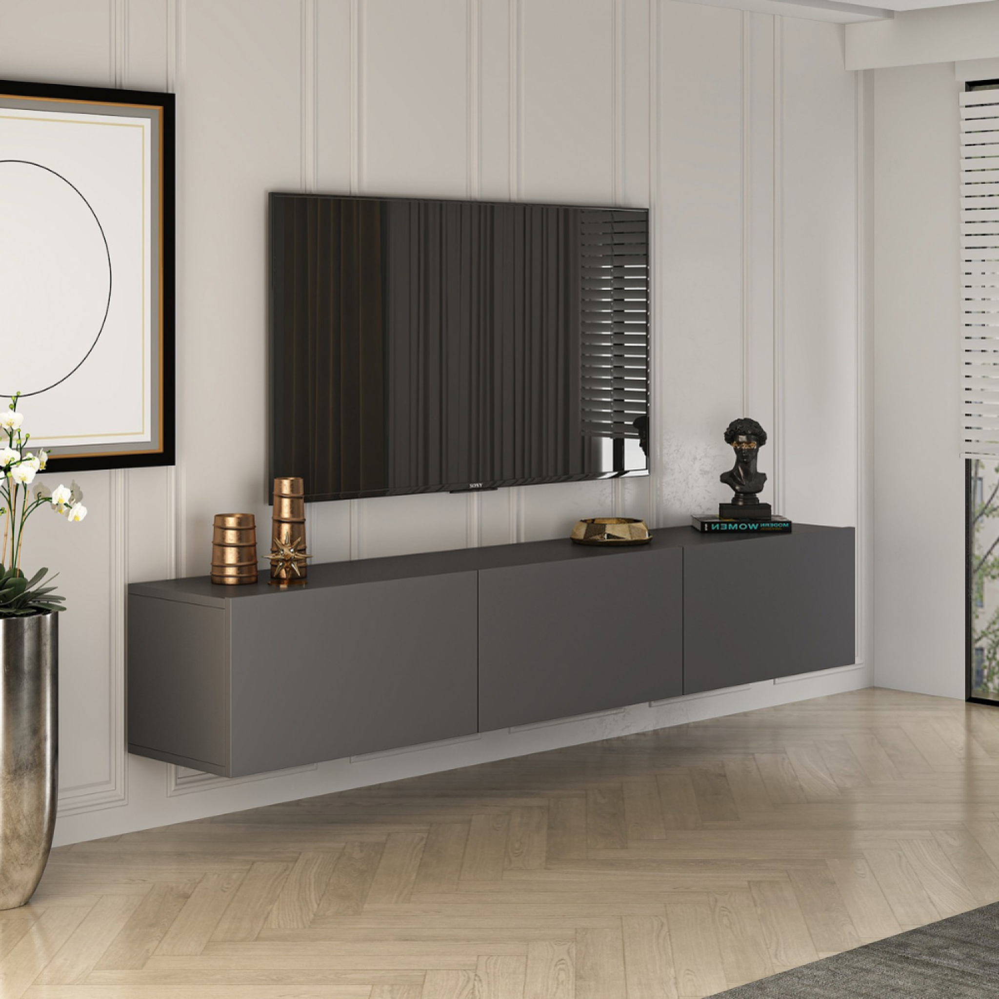 Voir la diapositive 2 : CONCEPT USINE Meuble tv suspendu avec placards 150cm gris anthracite hal