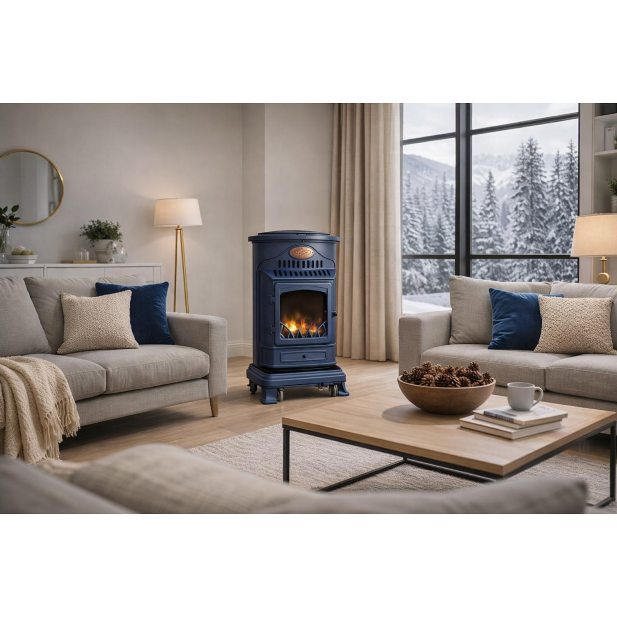Voir la diapositive 4 : SAHARA Poêle à gaz 3,4kw fonte véritable – chauffage d'appoint design bleu saphir mat - effet feu de bois, sur roues provence sahara