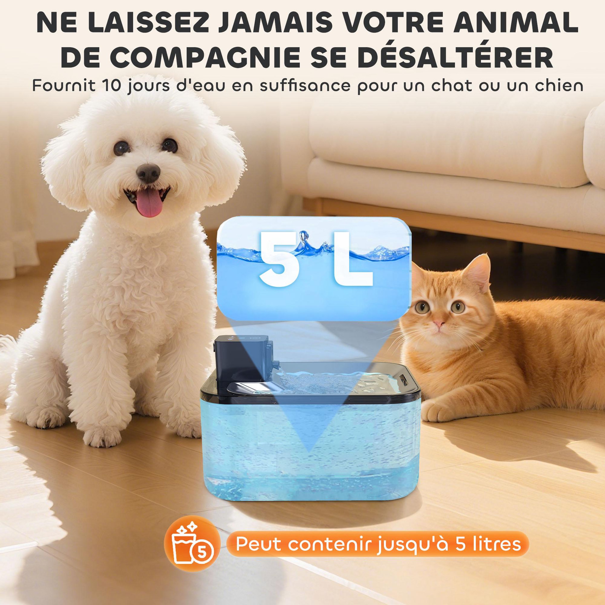 Voir la diapositive 5 : PAWHUT Fontaine à eau pour chat 5L filtration 3 étapes charge USB câble + nombreux accessoires inclus acier inox