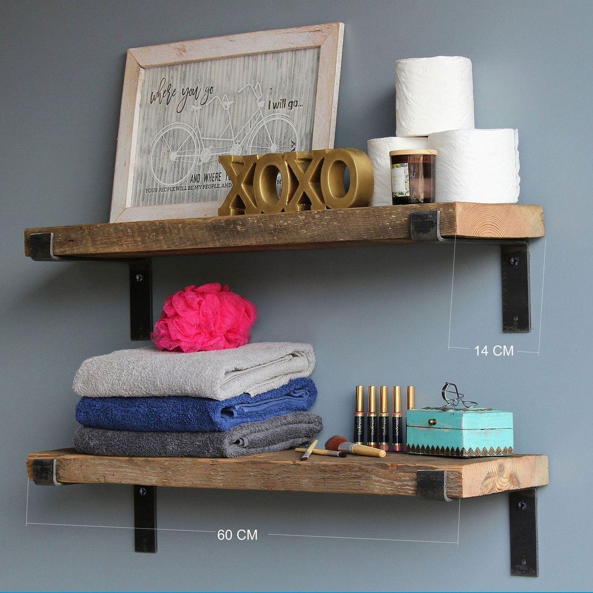 TOILINUX 2 Etagères murales design en bois et métal - L. 60 x l. 14 cm - Marron