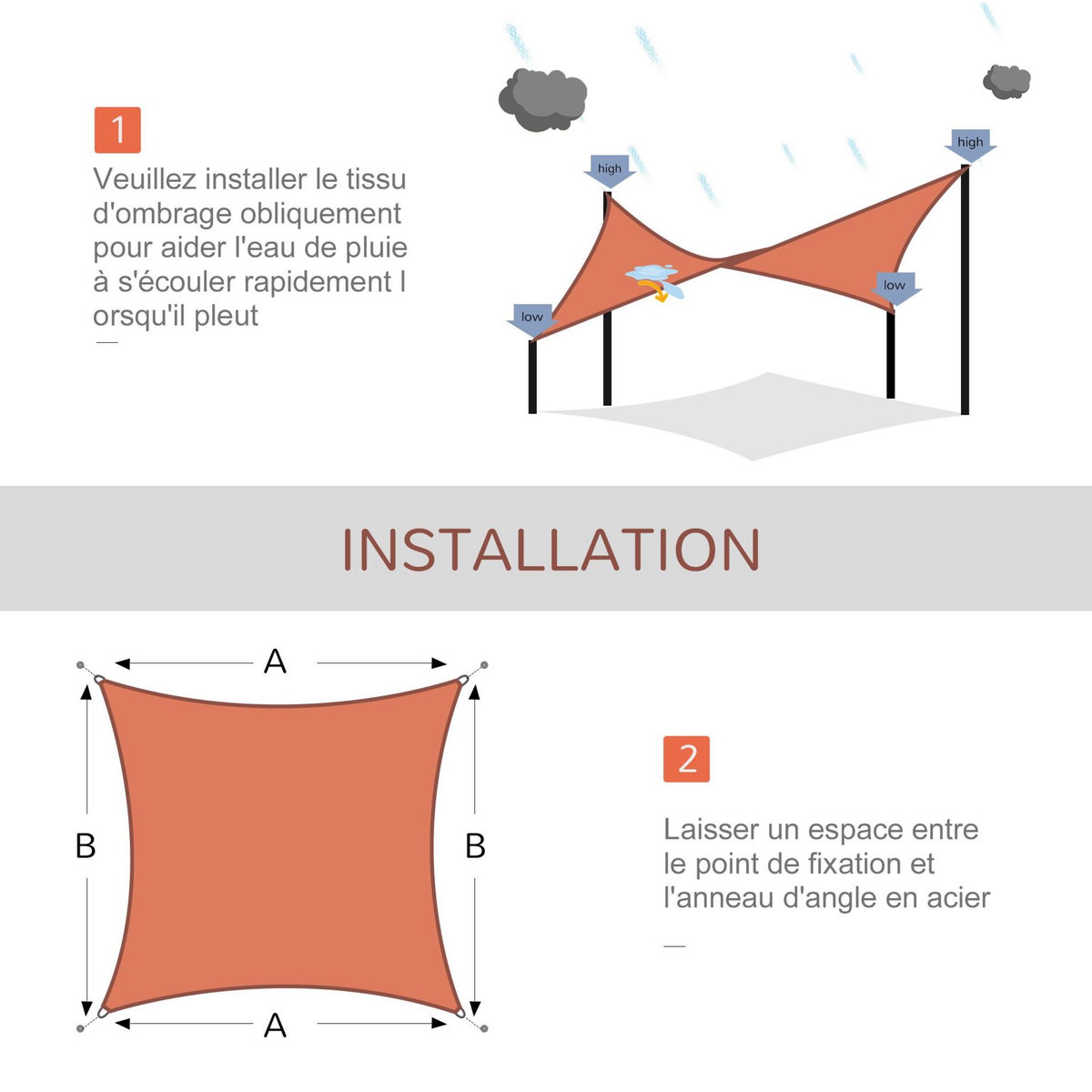 HOMCOM Voile d'ombrage rectangulaire 4 x 6 m toile solaire taud de soleil brique terracotta
