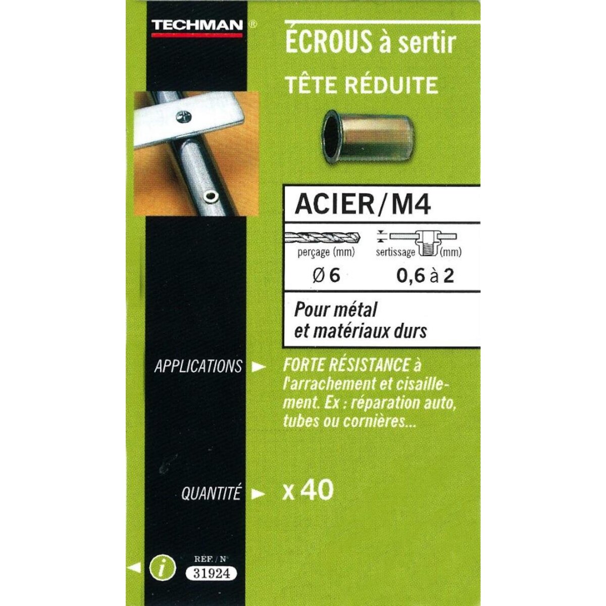 TECHMAN 40 écrous M4 à sertir acier avec tête réduite