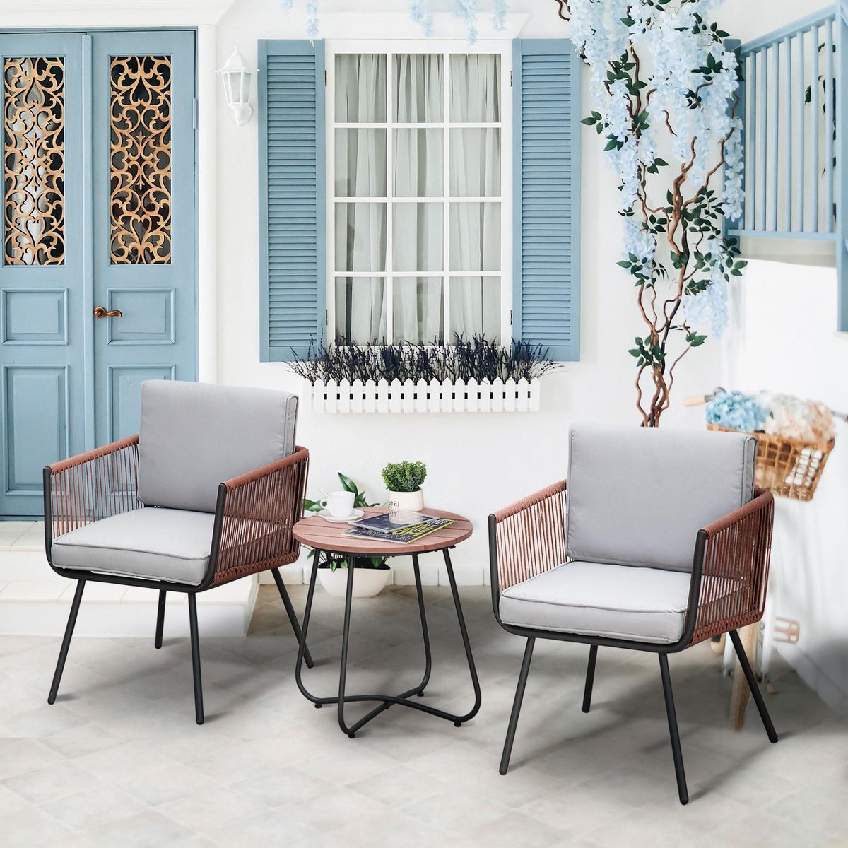 OUTSUNNY Ensemble bistro de jardin 2 places 3 pièces style contemporain coussins gris acier époxy noir résine filaire aspect rotin