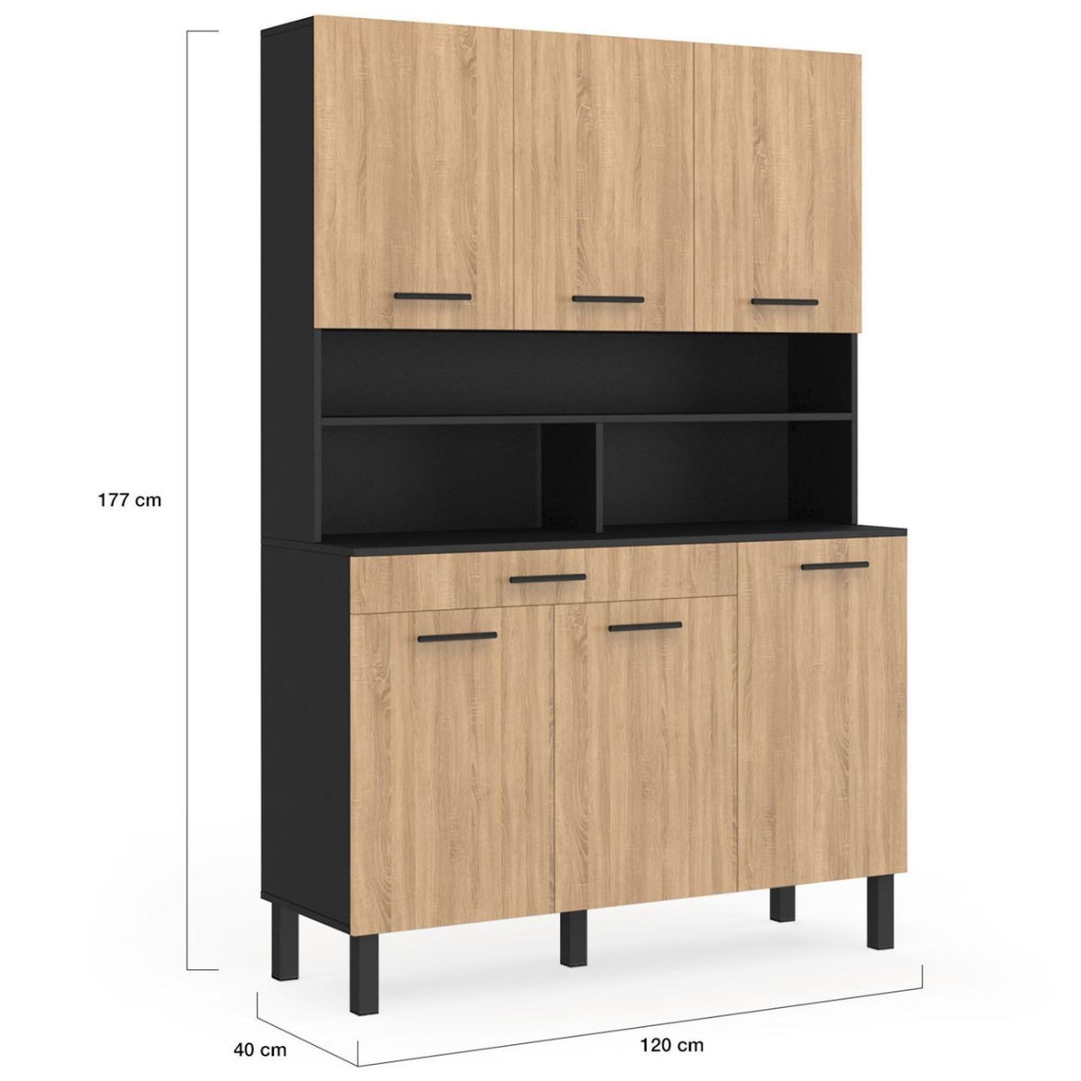 ID MARKET Buffet de cuisine 120 CM CINA 6 portes + tiroir noir et façon hêtre