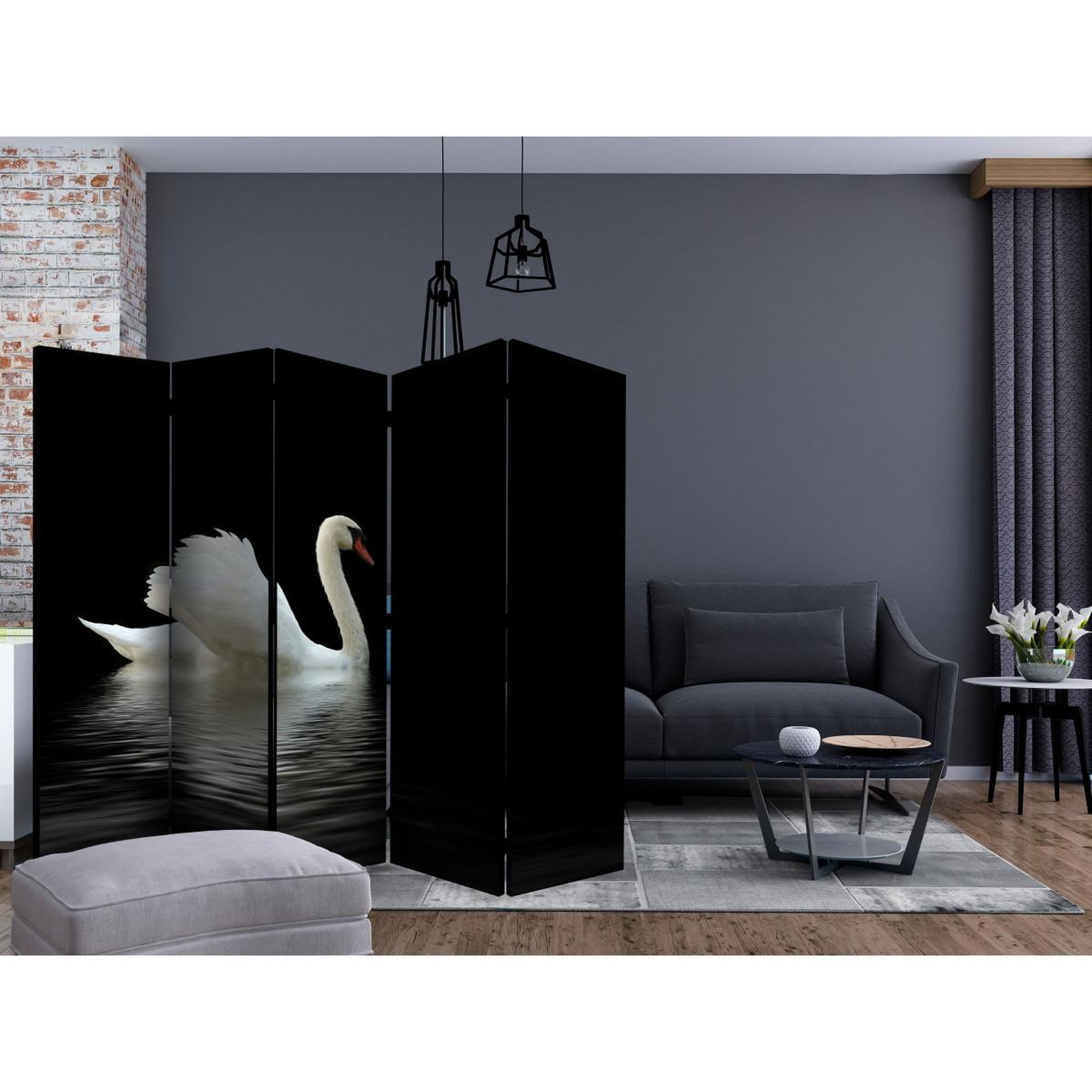 Voir la diapositive 2 : Paris Prix Paravent 5 volets  swan black & white  172x225cm