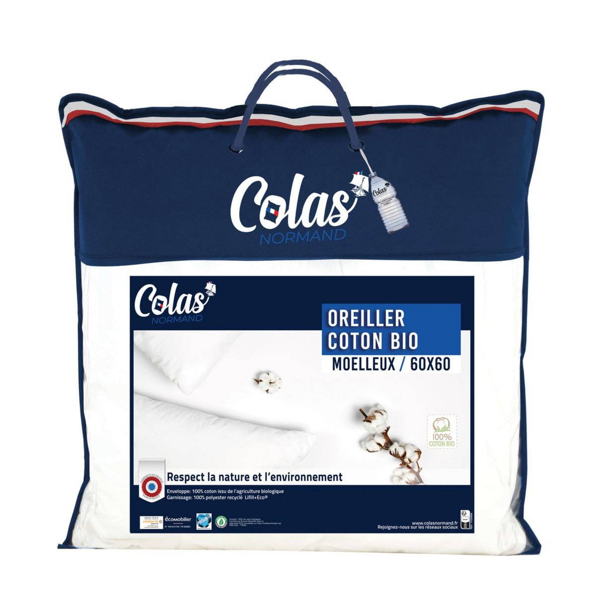 COLAS NORMAND Oreiller confort moelleux en coton bio 