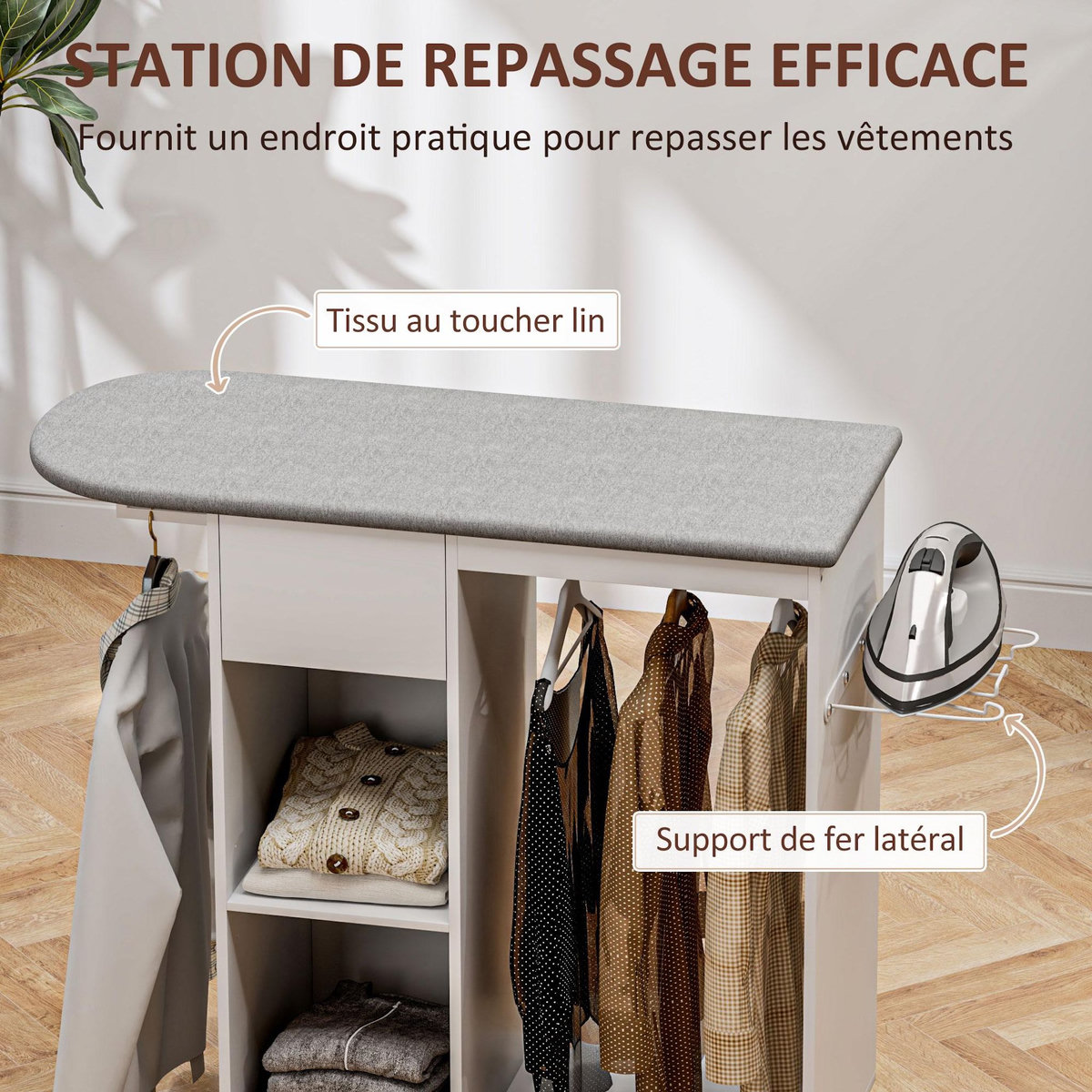 HOMCOM Table à repasser sur roulettes - 2 tringles, 2 niches, tiroir, support fer - toile planche incluse blanc gris