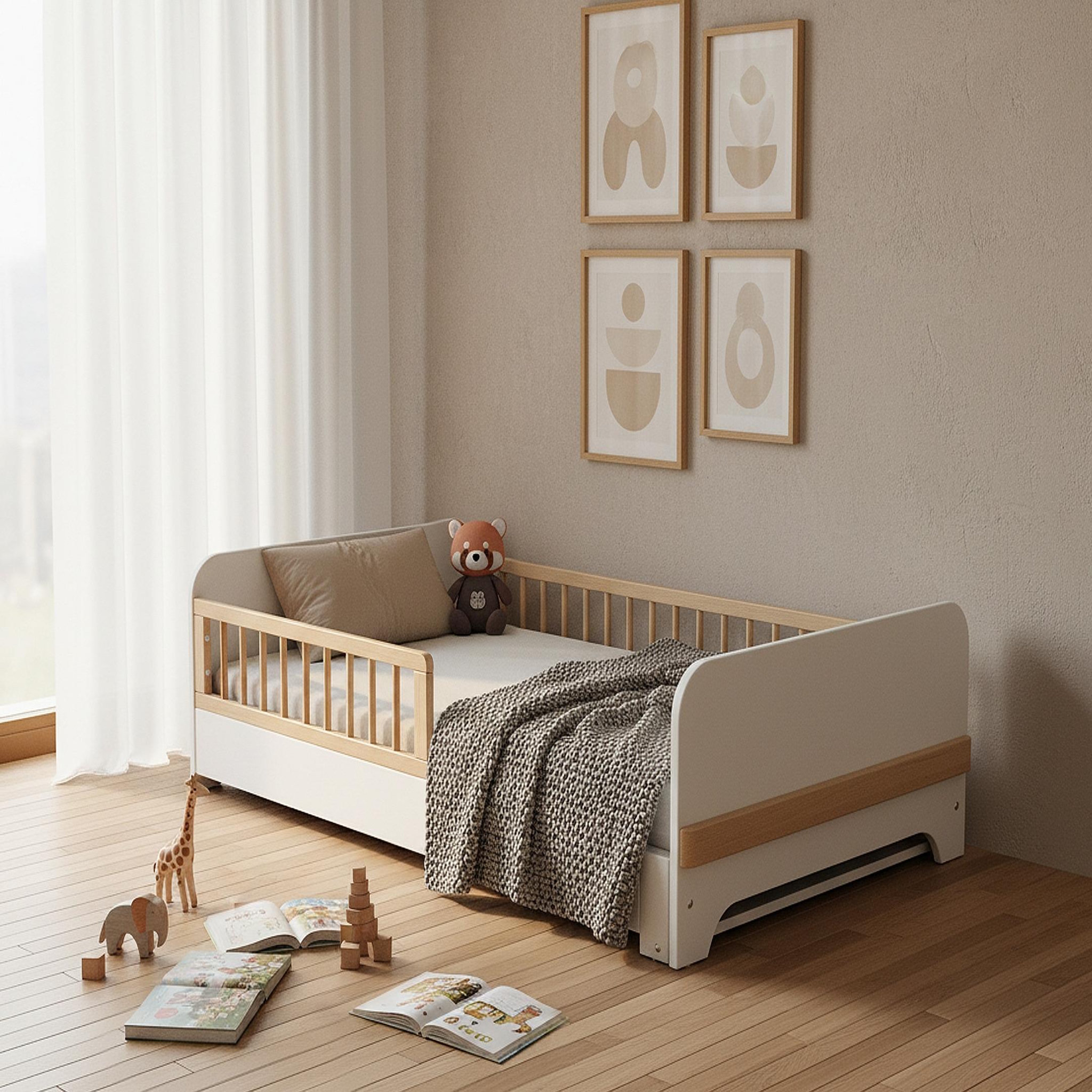 Voir la diapositive 4 : JURABABY Lit au sol enfant extensible en bois 80x140-165-190 carrousel - blanc