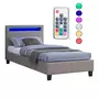 IDIMEX Lit LED simple 90x190 cm avec sommier, tête de lit confortable, lit 1 place revêtement en tissu gris, MOLINA