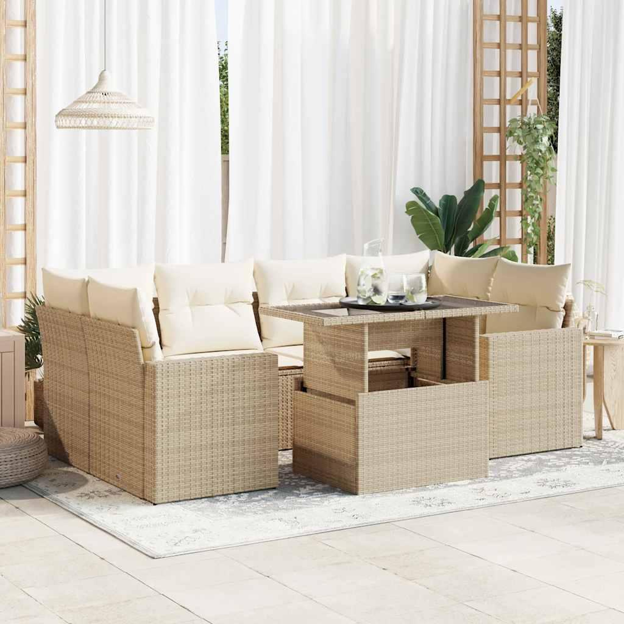 VIDAXL Salon de jardin avec coussins 7 pcs beige resine tressee