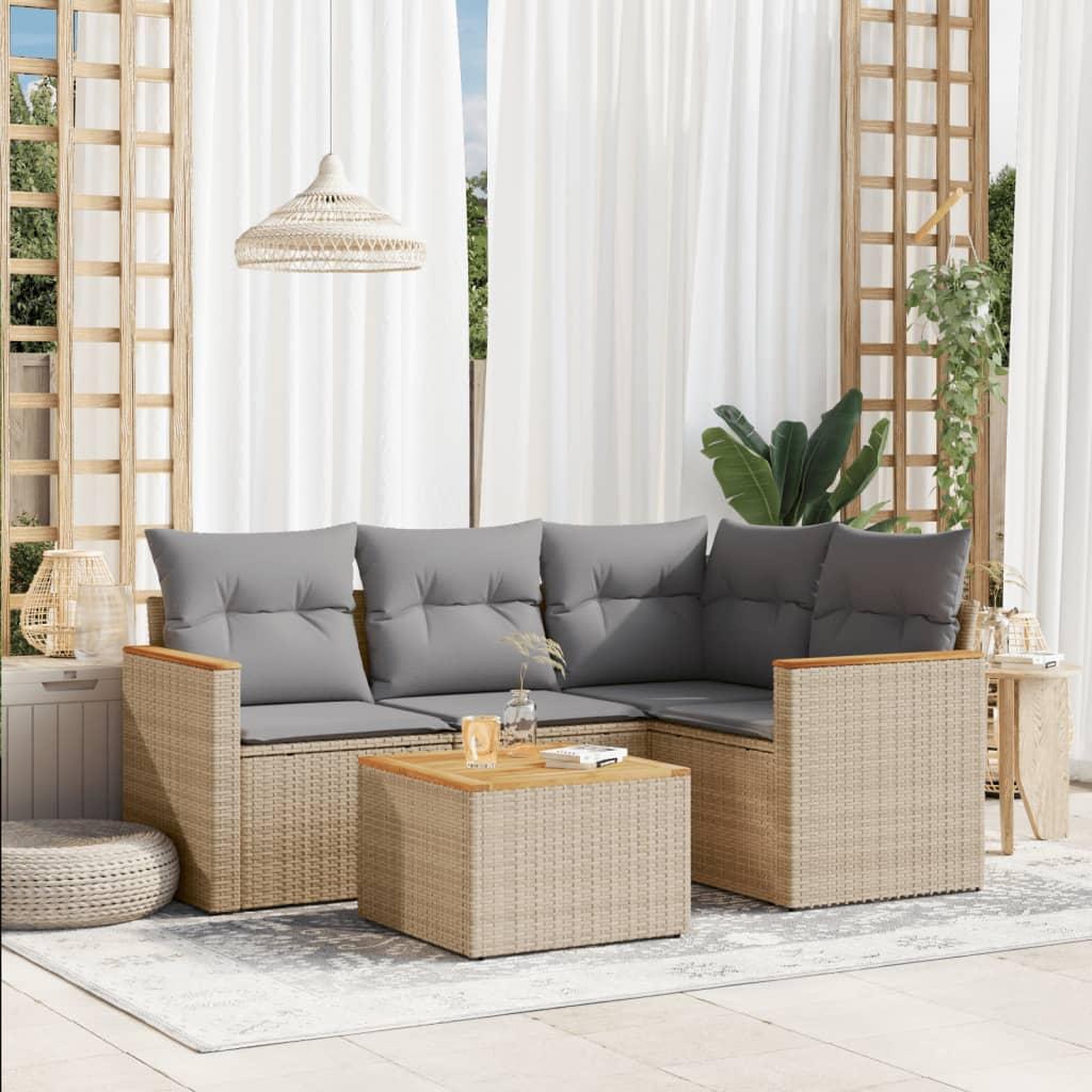 VIDAXL Salon de jardin avec coussins 5pcs melange beige resine tressee