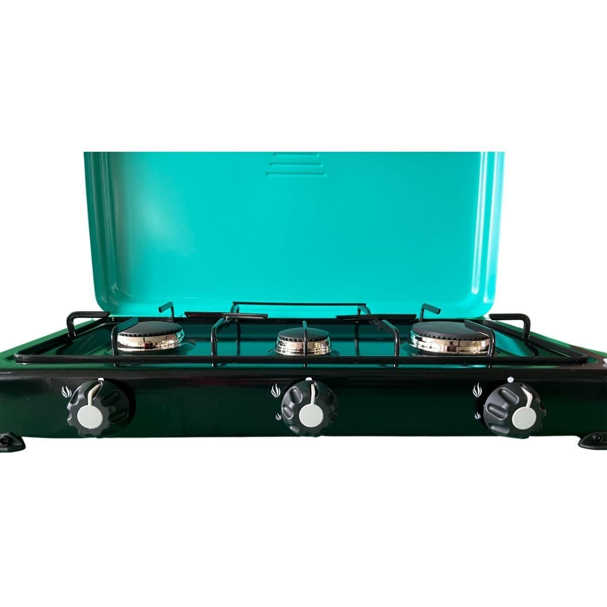 INTEC Réchaud à gaz 3 feux 4100W Brûleurs et Grille en fonte amovibles lavables Plaque de Cuisson gaz Butane ou Propane GOLD III INTEC