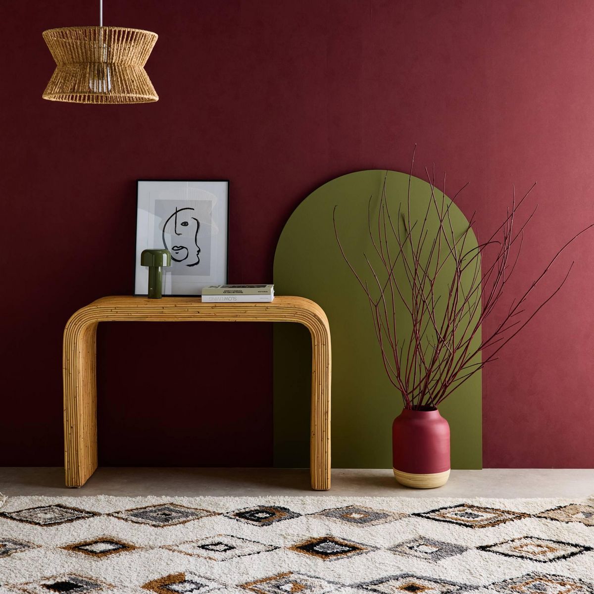 SWEEEK Console en rotin naturel. 110cm. bords arrondis. L 110 x P 35 x H 75cm