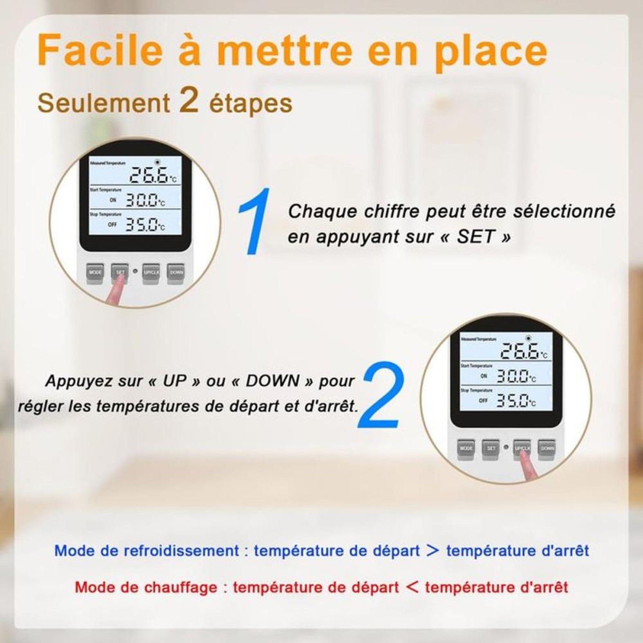 Voir la diapositive 5 : Thermostat d'ambiance numérique à écran LCD rétroéclairé avec sonde à câble 2,79 m et prise secteur EU