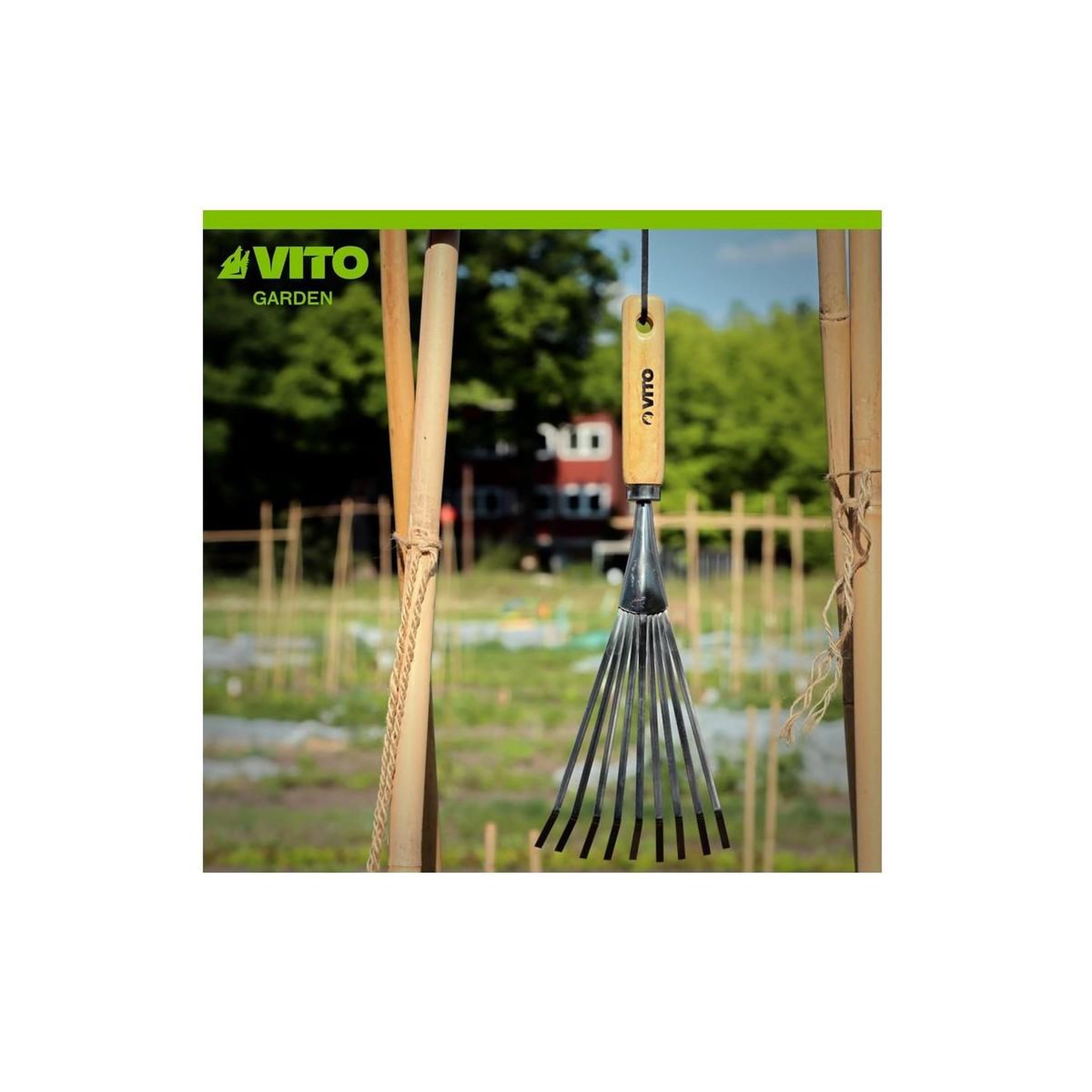 Voir la diapositive 5 : VITO Balai de jardin à gazon 8 dents 13cm manche bois inox et fer forgés à la main vito