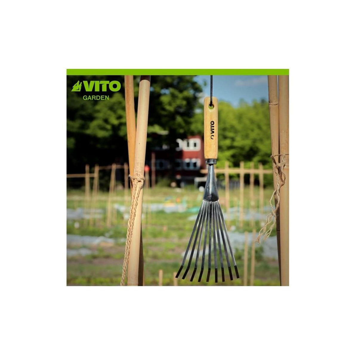 VITO Balai de jardin à gazon 8 dents 13Cm Manche bois Inox et Fer forgés à la main VITO