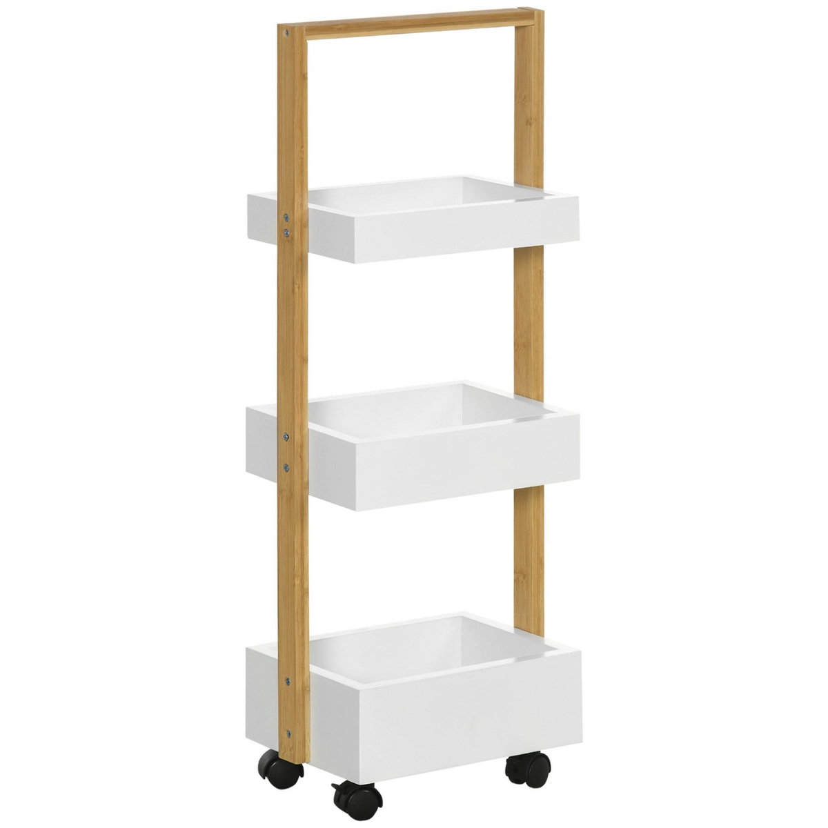 HOMCOM Desserte chariot de service 3 compartiments MDF blanc structure bois de bambou verni